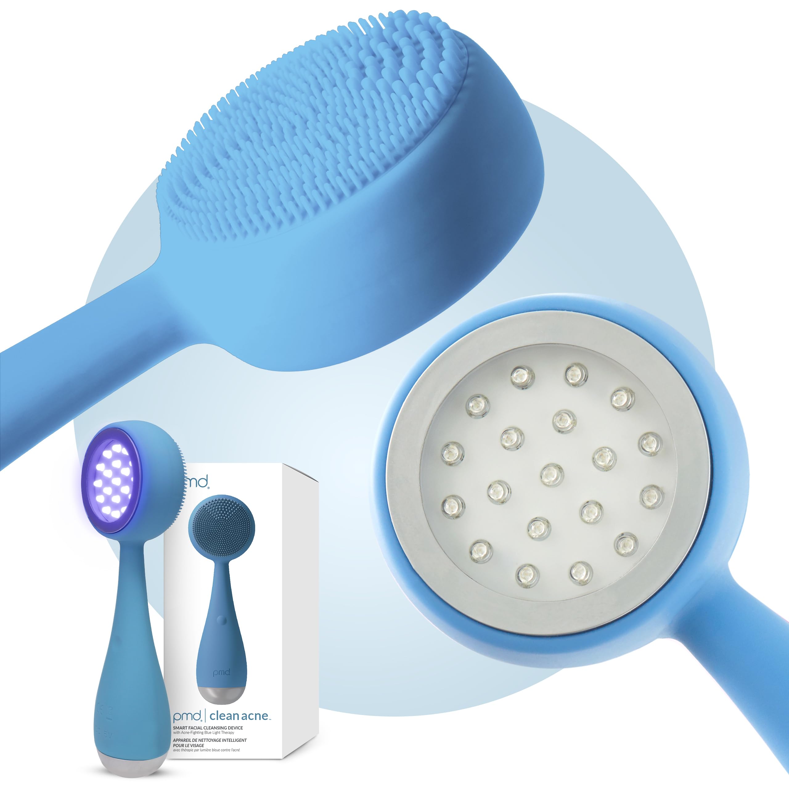 PMD Beauty Clean, Acne, and Redvolution - Electric Facial Cleansing Brush, Smart Facial Device with Silicone Brush & Anti-Aging Massager, Red and Blue LED Light