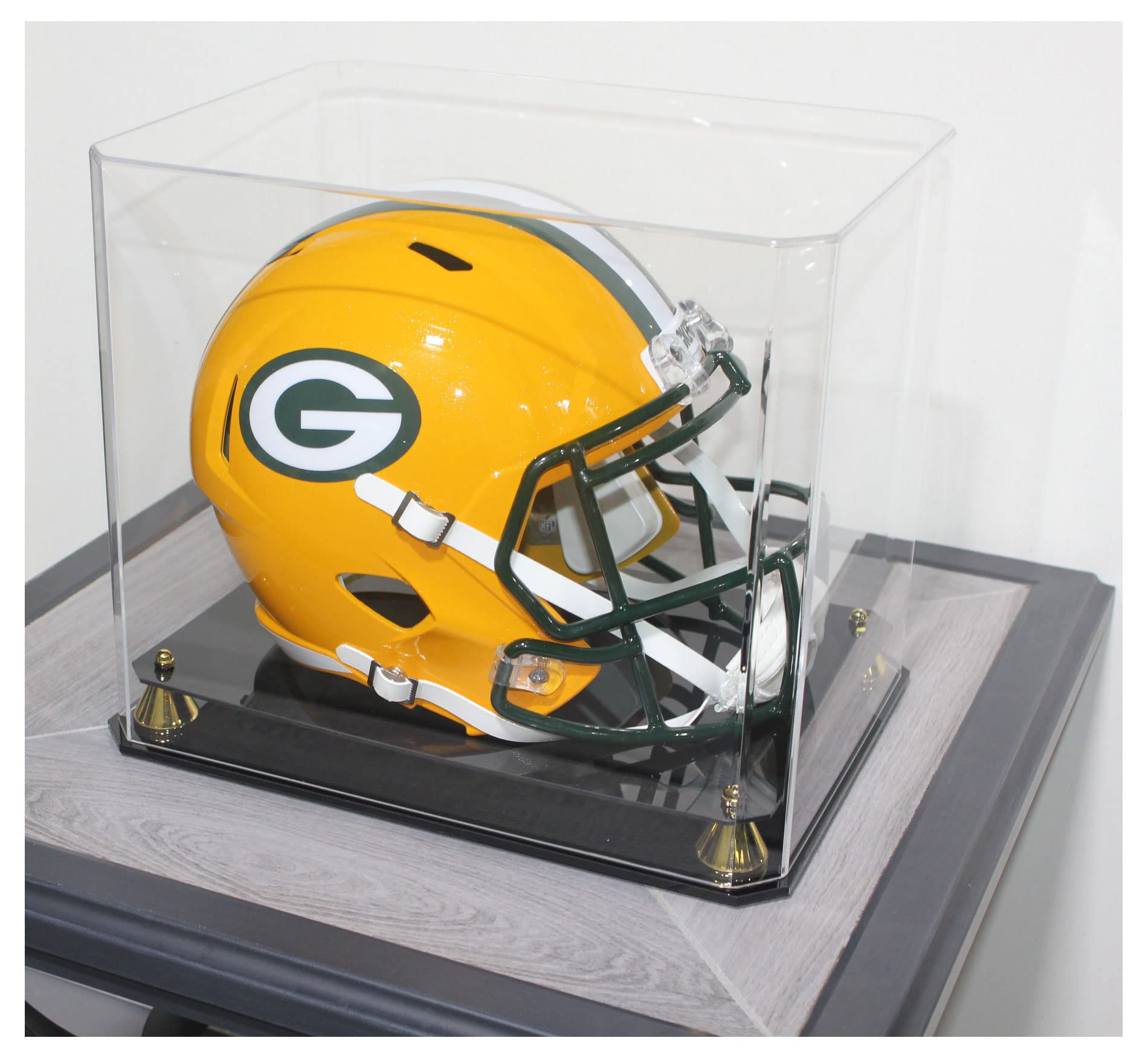 DisplayGifts Pro UV Football Helmet Display Case Stand fits Adult Size Baseball, Ice Hockey, Motorcycle, Football Helmets, Showcase with Gold Risers, One Piece No Assembly Required