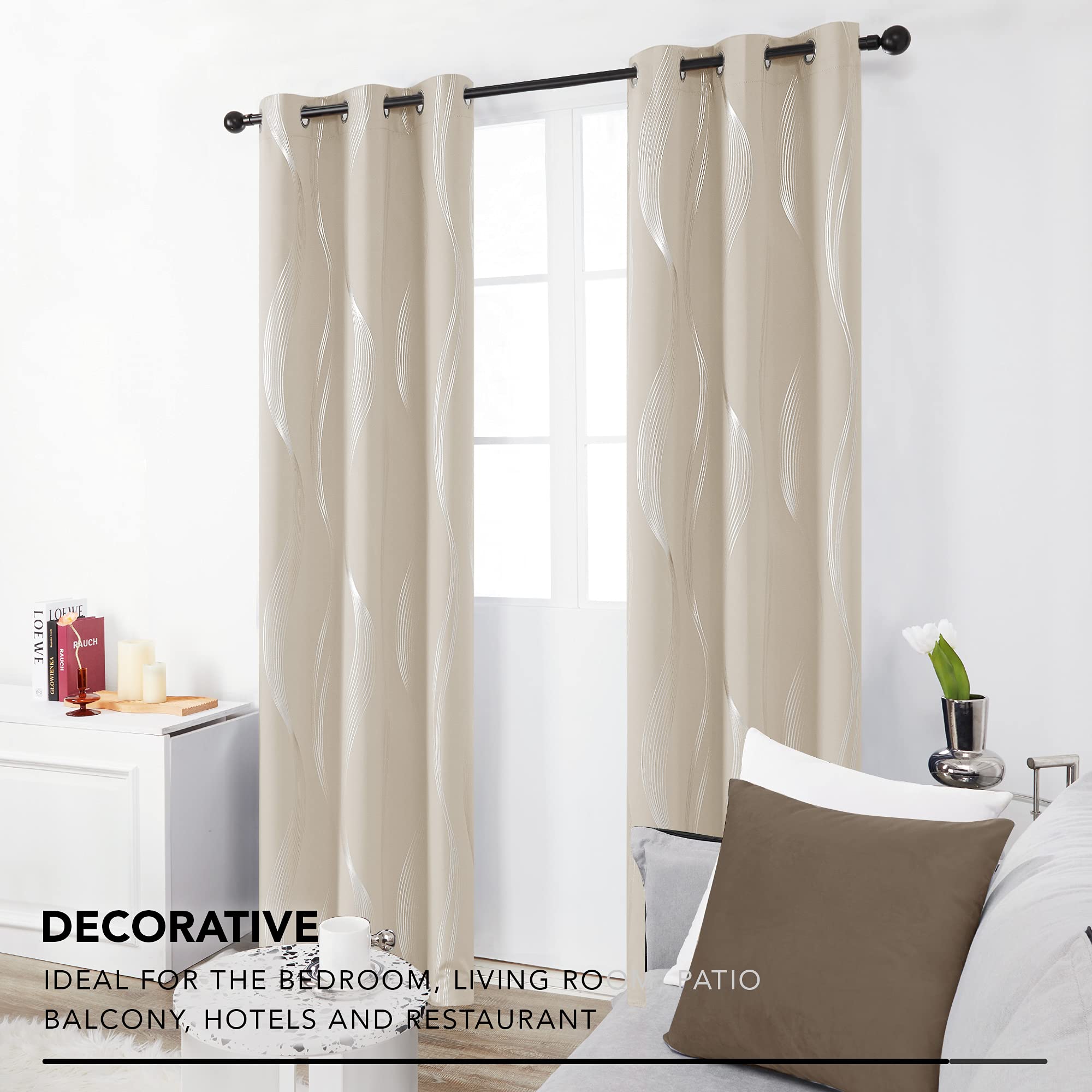 Deconovo Blackout Curtains, Room Darkening Foil Print Wave Grommet Window Drapes, Grommet Curtains for Bedroom, 42x90 Inch, Light Beige, 2 Panels