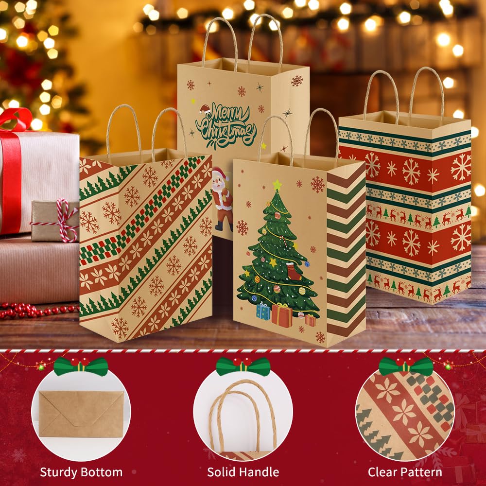 24 Pcs Christmas Gift Bags,Christmas Bags for Gifts,Holiday Xmas Gift Bags,Kraft Christmas Paper Bags Bulk,Small Gift Bags with Handles,Christmas Goody Bag,Christmas Party Favor Bags (5.9x3.14x8.26)