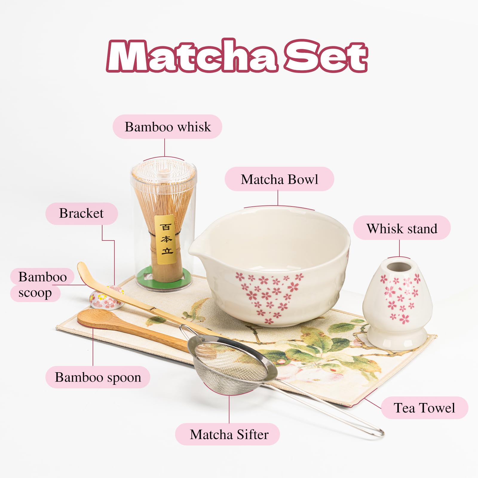 Grnstf Matcha Set 8-Piece Japanese Tea Ceremony Kit with Ceramic Bowl, Bamboo Whisk & Holder, 2 Scoops, Strainer, Tea Cloth - Complete Gift Set for Traditional Brewing(Pink-Floral Print)