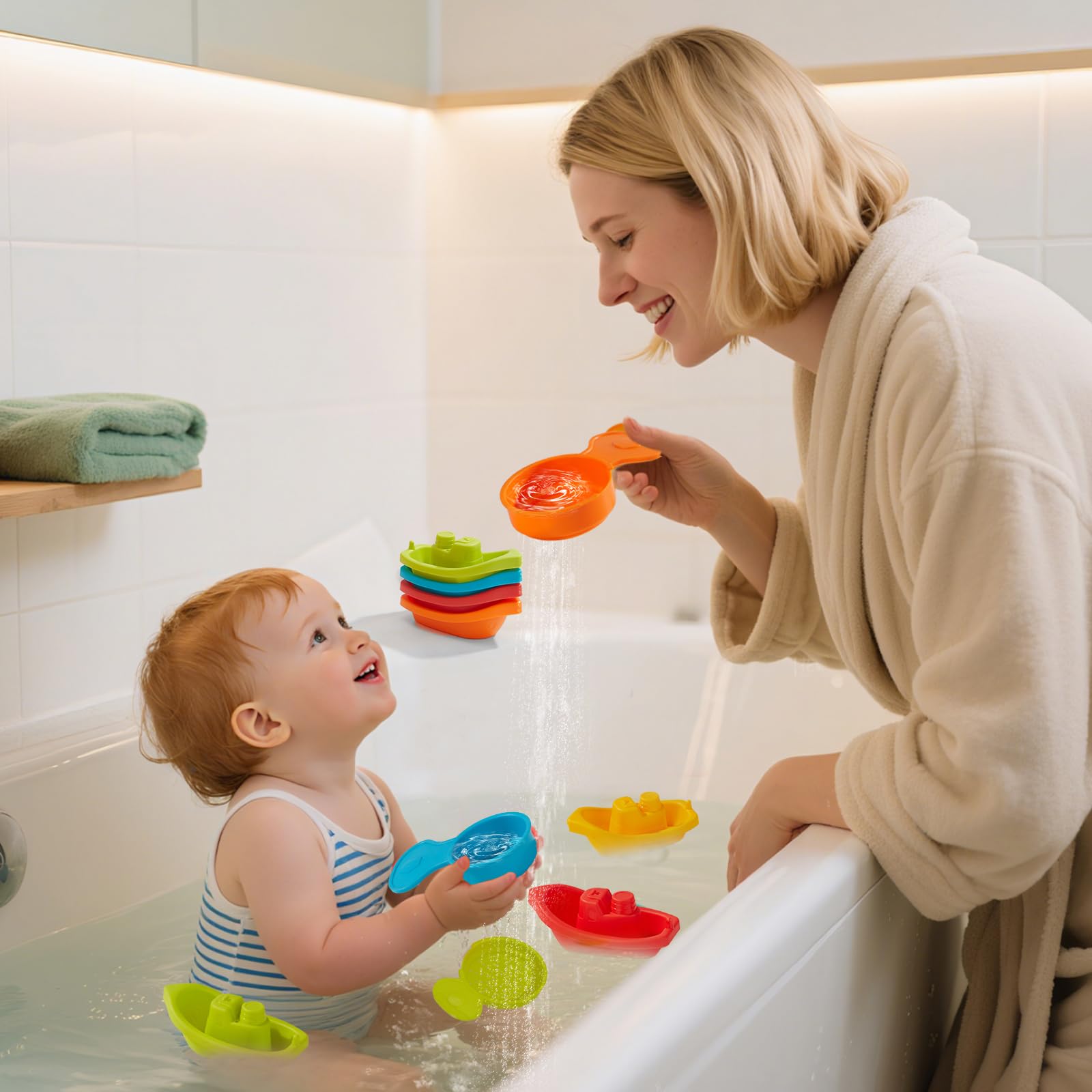 Baby Bath Toys for Kids Ages 1-3, 11PCS Mold Free Bath Toys for Toddlers with Floating Boats and Spoons, Baby & Toddler Bathtub Water Table Pool Sand Play Toys for Christmas Stocking Stuffers