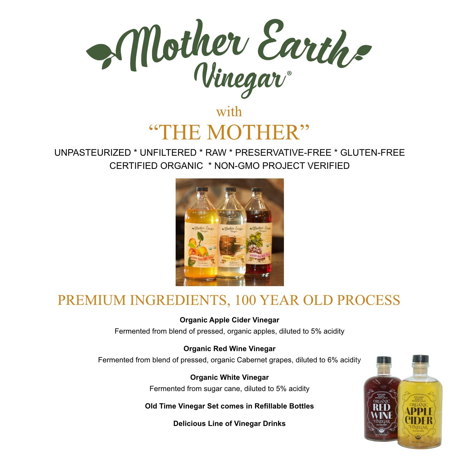 Mother Earth, Organic Apple Cider Vinegar with The Mother, Half Gallon, Fresh Pressed Organic Apples, OACV, ACV, Raw, Unpasteurized, Unfiltered (1/64oz Bottle)