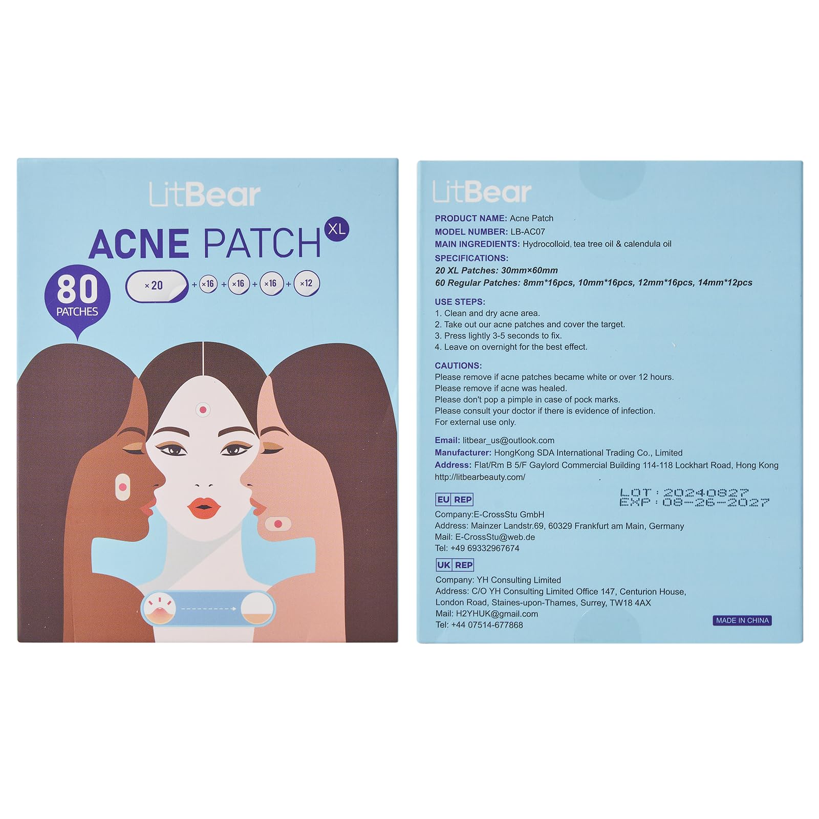 LitBear Large Acne Pimple Patches, 5 Sizes 80 Patches for Large Breakouts, Acne Patches for Face, Chin or Body, Acne Spot Patch with Tea Tree & Calendula Oil, Hydrocolloid Bandages for Acne Skin