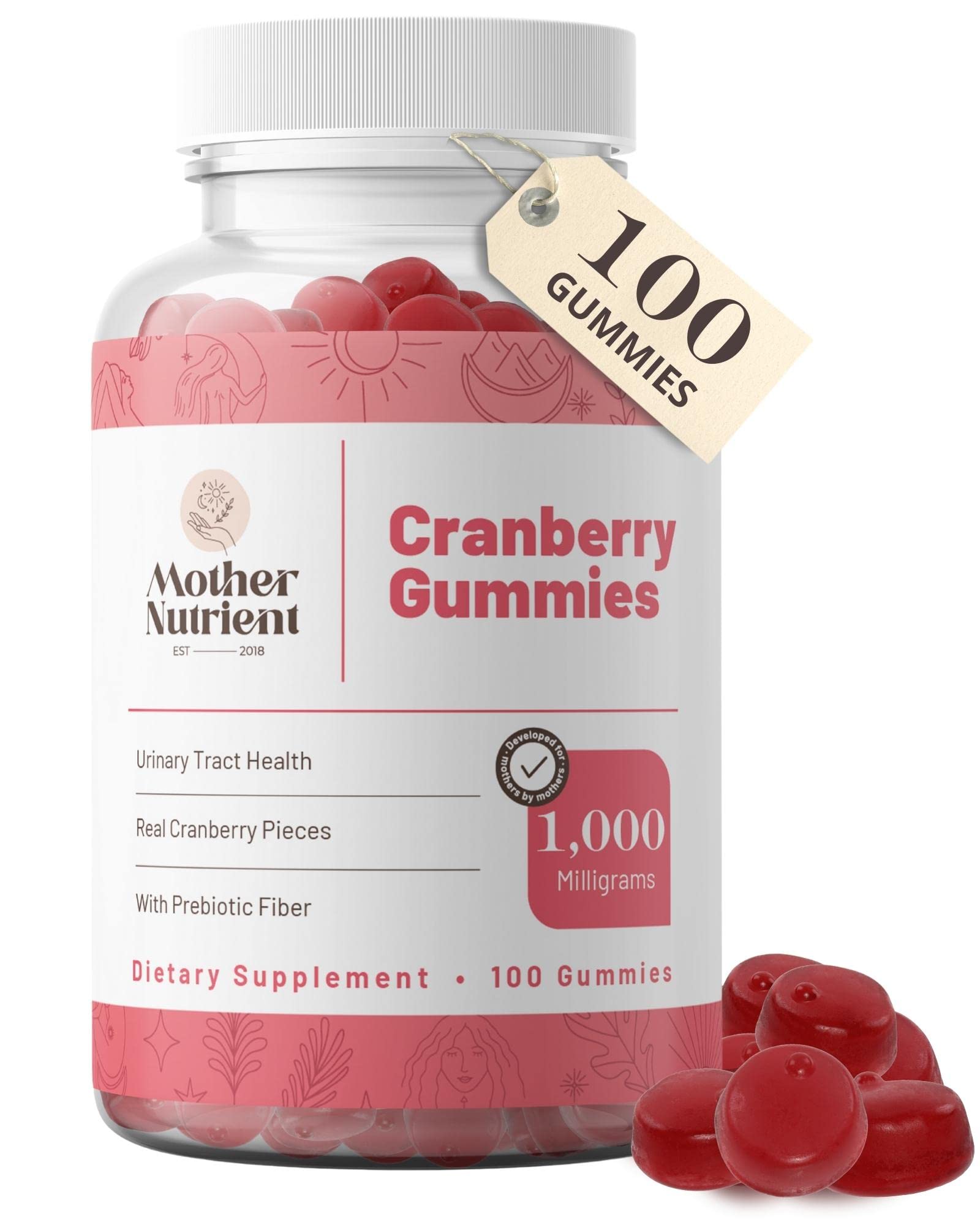 Mother Nutrient - Cranberry Gummies for Women & Kids, Kids Cranberry Gummies - Less Tart & 90% Less Sweet, Gluten-Free, Non-GMO, Vegan - 1,000mg Pure Cranberry Extract - 100 Count, 50-Day Supply