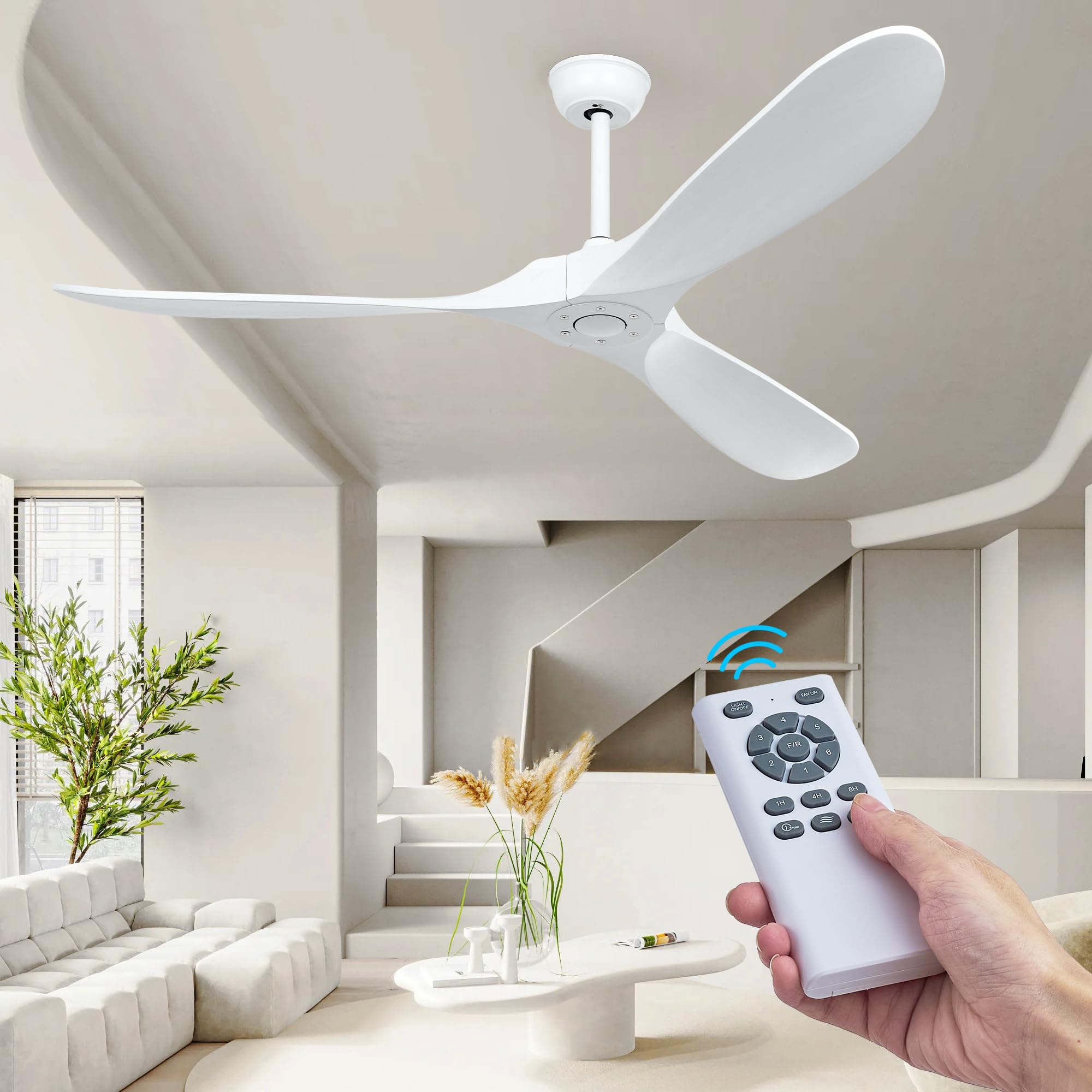 HUMHOLD 60" Wood Ceiling Fan no Lights with Remote, Reversible DC Motor 6-Speed Ceiling Fan, 3 Wood Fan Blades White Ceiling Fan without Light, Modern Propeller Ceiling Fans for Bedroom/Living Room