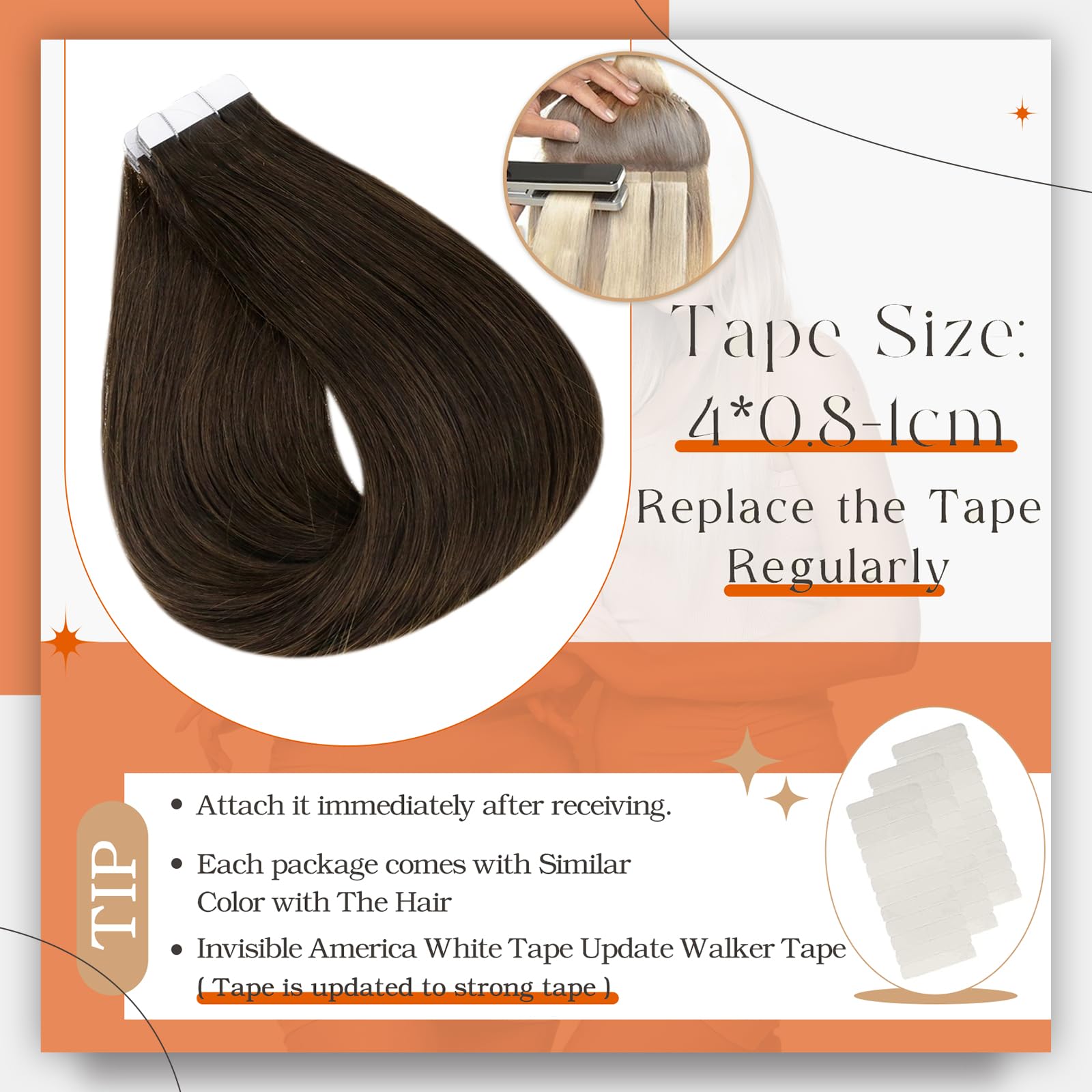 Full Shine Tape in Hair Extensions Remy Human Hair Invisible Skin Weft Color 2 Dark Brown Tape Hair Extensions Brazilian Hair 18 Inch 50 Gram Per Package 20 Pieces Seamless Human Hair Extensions