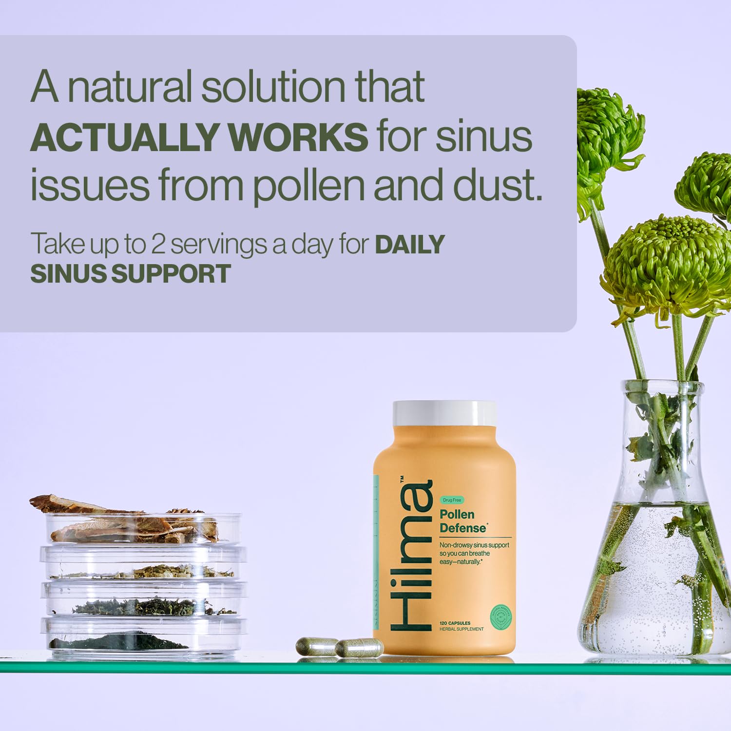 Hilma Natural Sinus Support, All Day Allergy and Sinus Relief from Pollen and Dust w/Butterbur, Stinging Nettles and Spirulina, Non-Drowsy, Organic, Clinically Proven Ingredients, 120 Vegan Capsules