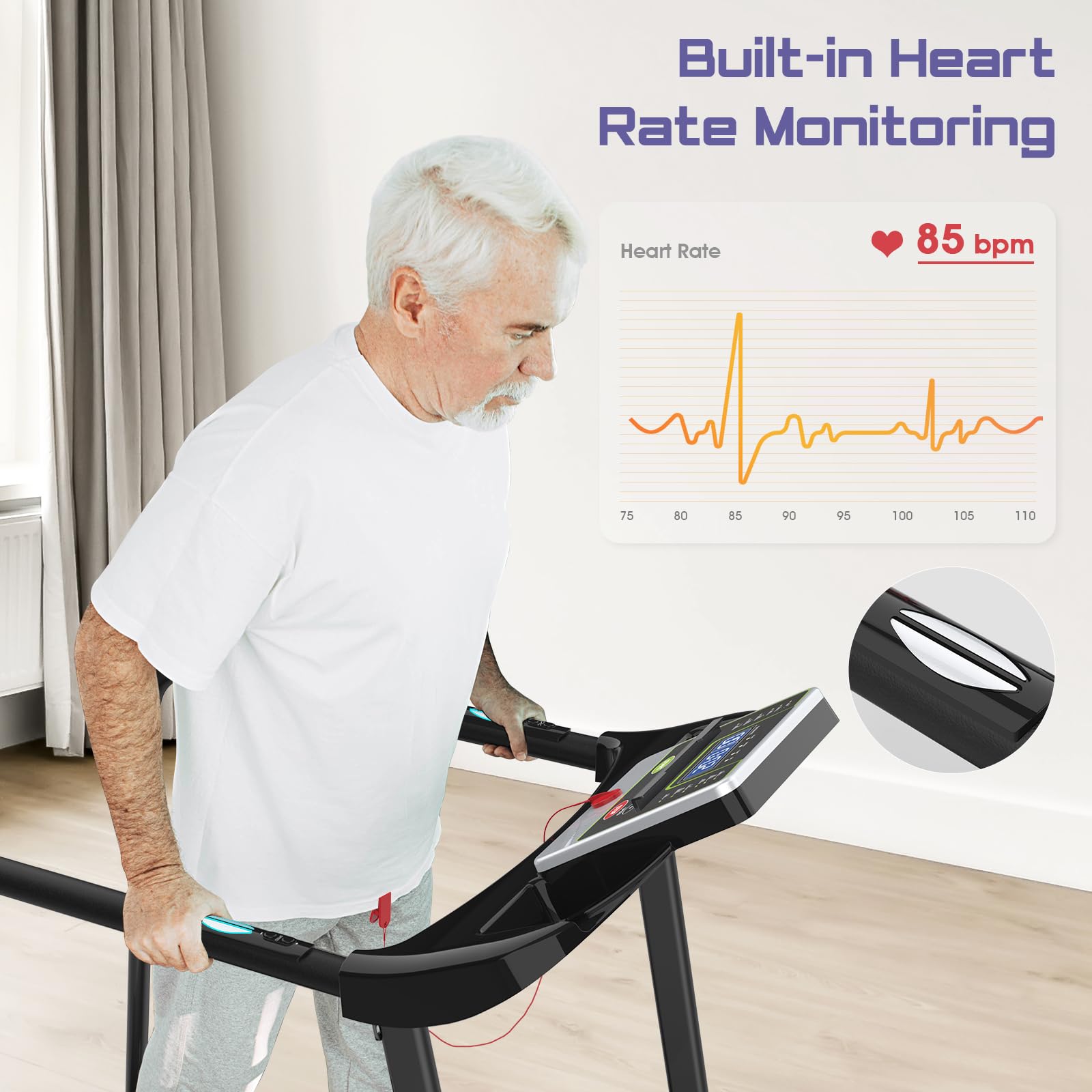 Rellysport Walking Treadmill for Seniors with Handrails - Recovery Fitness Exercise Machine for 300lbs Capacity, Foldable Treadmills for Home with Heart Rate Monitoring, Holder for Phone & Cup
