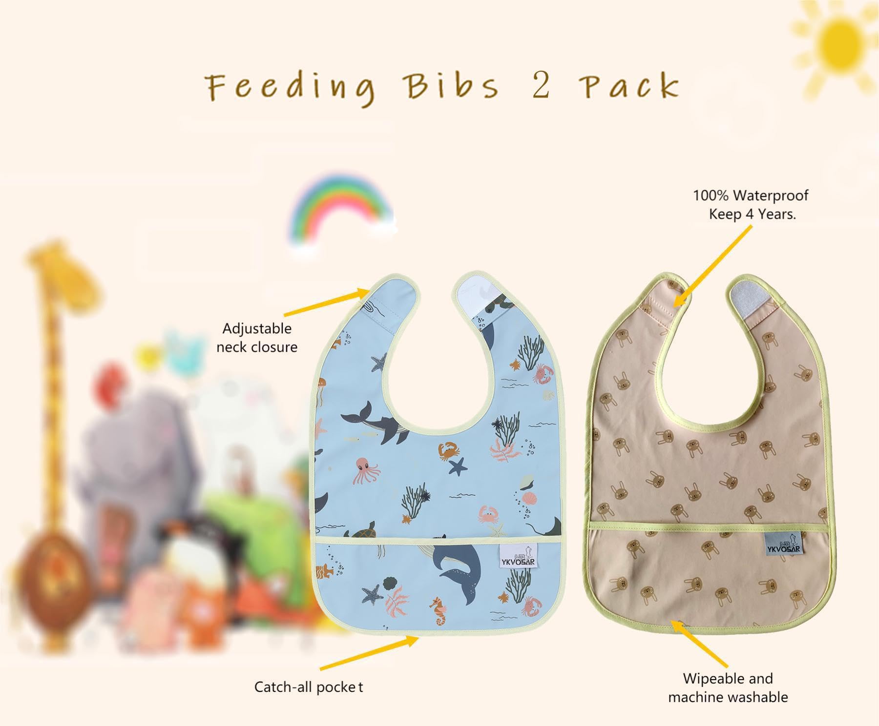 YKVOSAR Baby Bibs for Eating Waterproof Baby Bibs Baby Feeding Bibs 2 Packs Washable Baby Food Bibs 6-24 Months (rabbit marine animals)