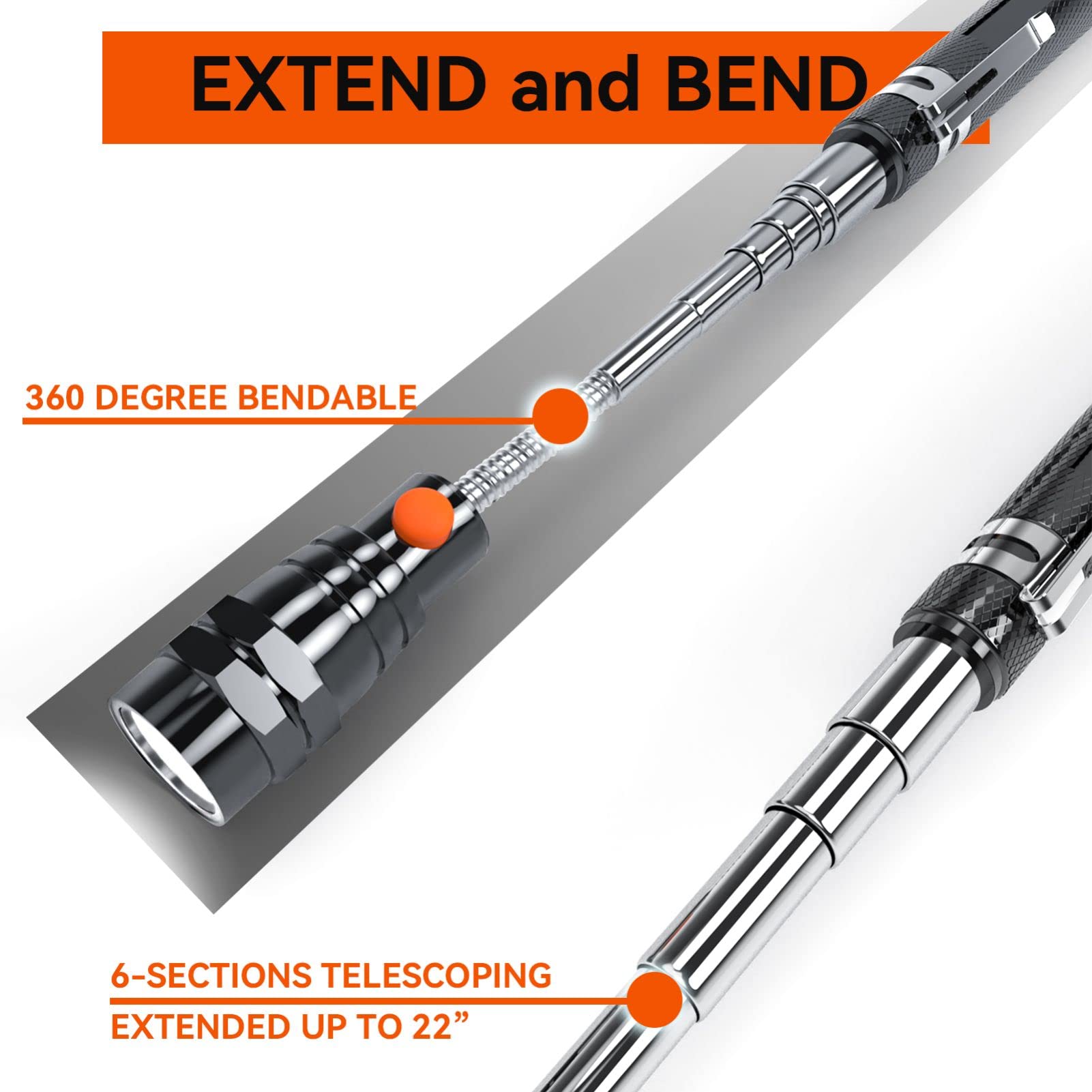 Magnetic Pickup Tool with LED, Telescoping Magnet Flashlight, Gadget Tools Birthday Gifts for Men, Handyman, Husband, Boyfriend, Him, Father, Dad (Black)