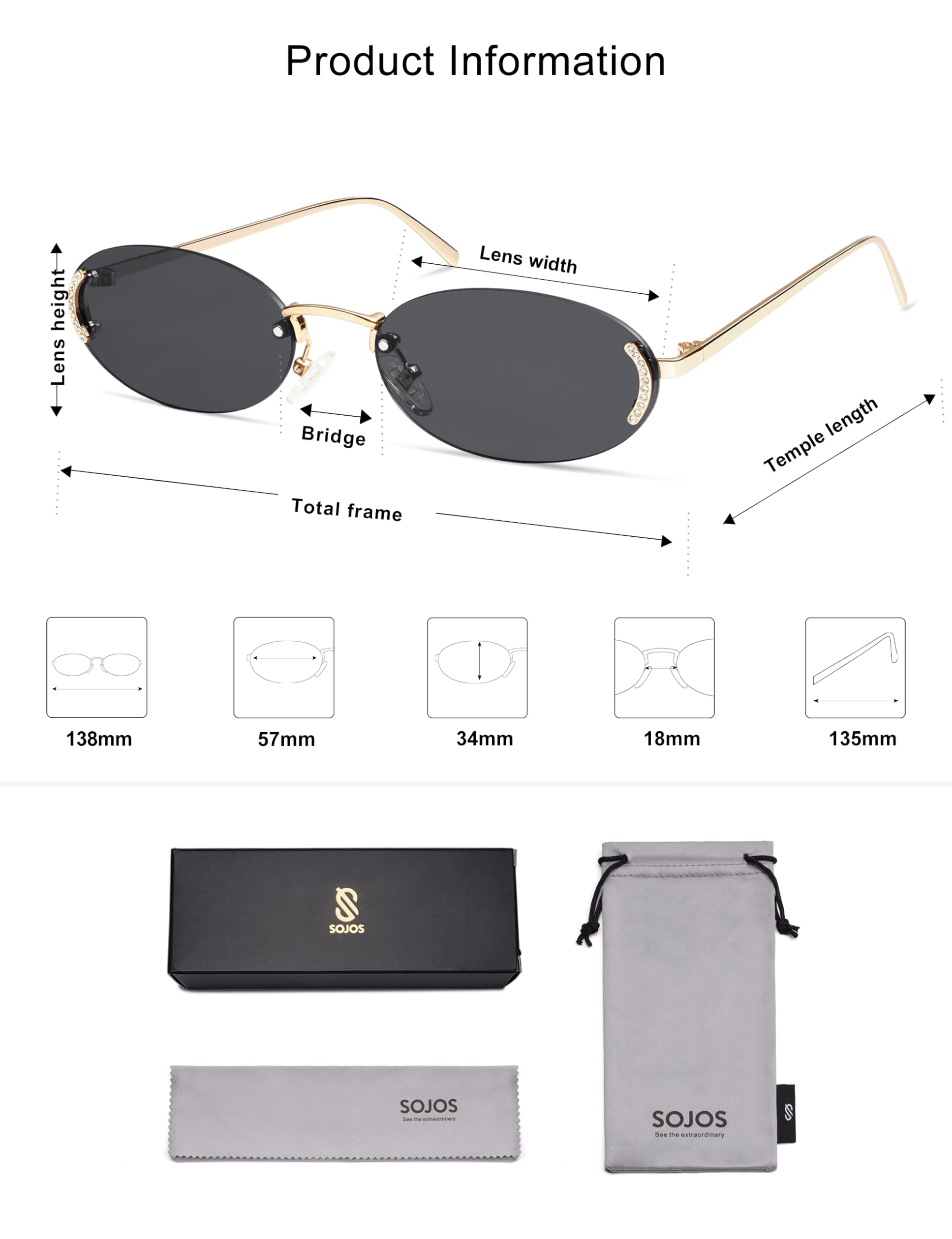 SOJOS Trendy Oval Rimless Sunglasses for Women Retro Y2k Sunnies with Rhinestones SJ1227, Gold/Grey