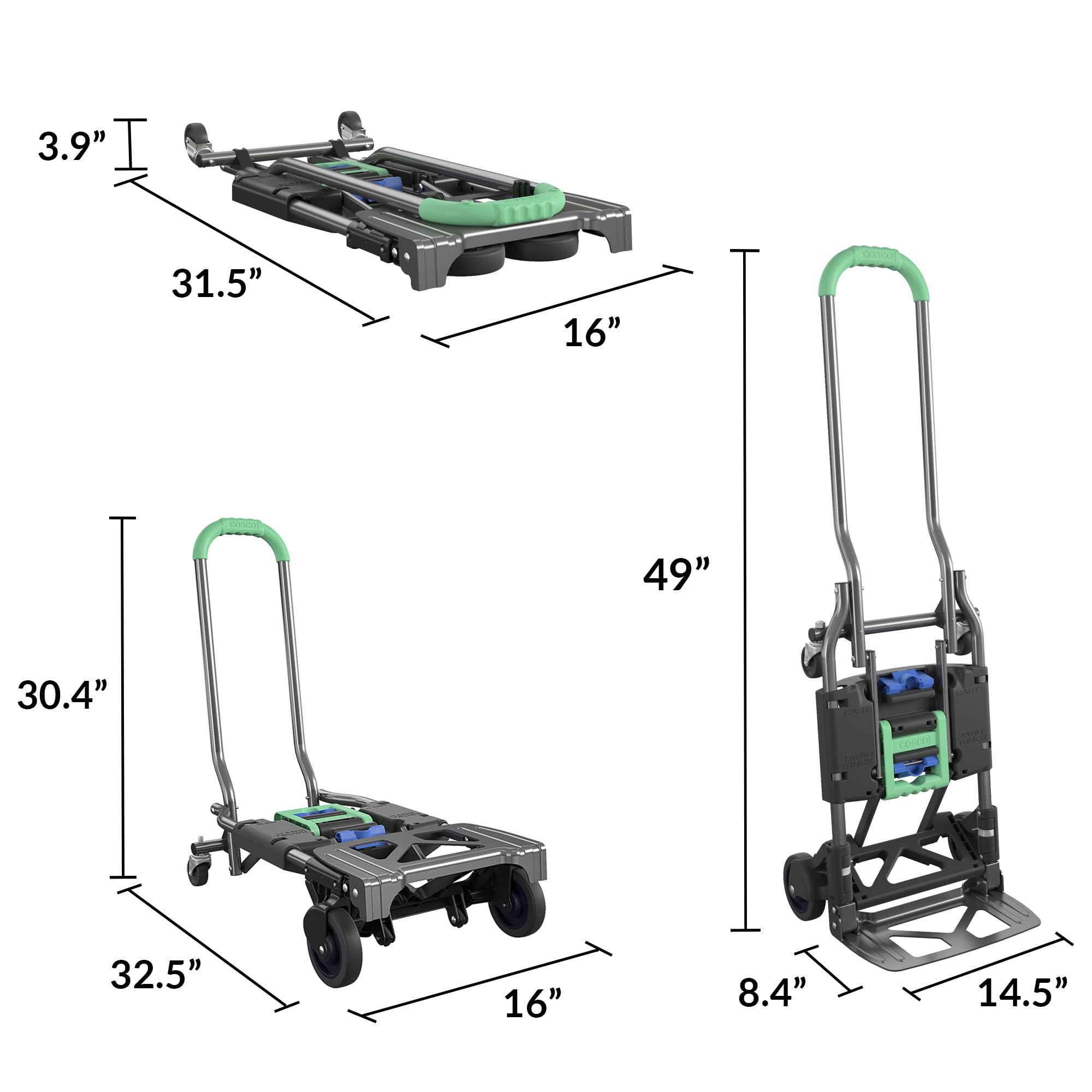 COSCO Shifter Multi-Position Folding Hand Truck and Cart, 300 lb. Weight Capacity, Green, 12222PBG1E