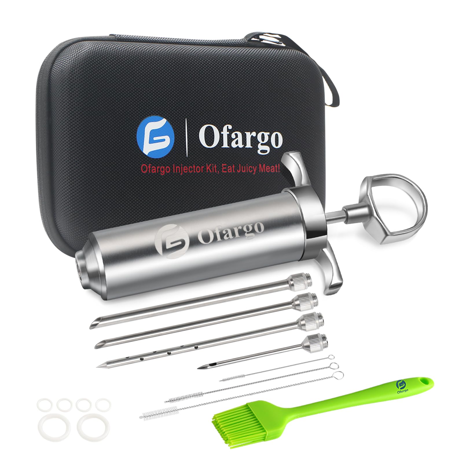 Ofargo 304-Stainless Steel Meat Injector Syringe with 4 Marinade Needles and Travel Case for BBQ Grill Smoker, gifts for men dad hunsband in Thanksgiving Christmas day