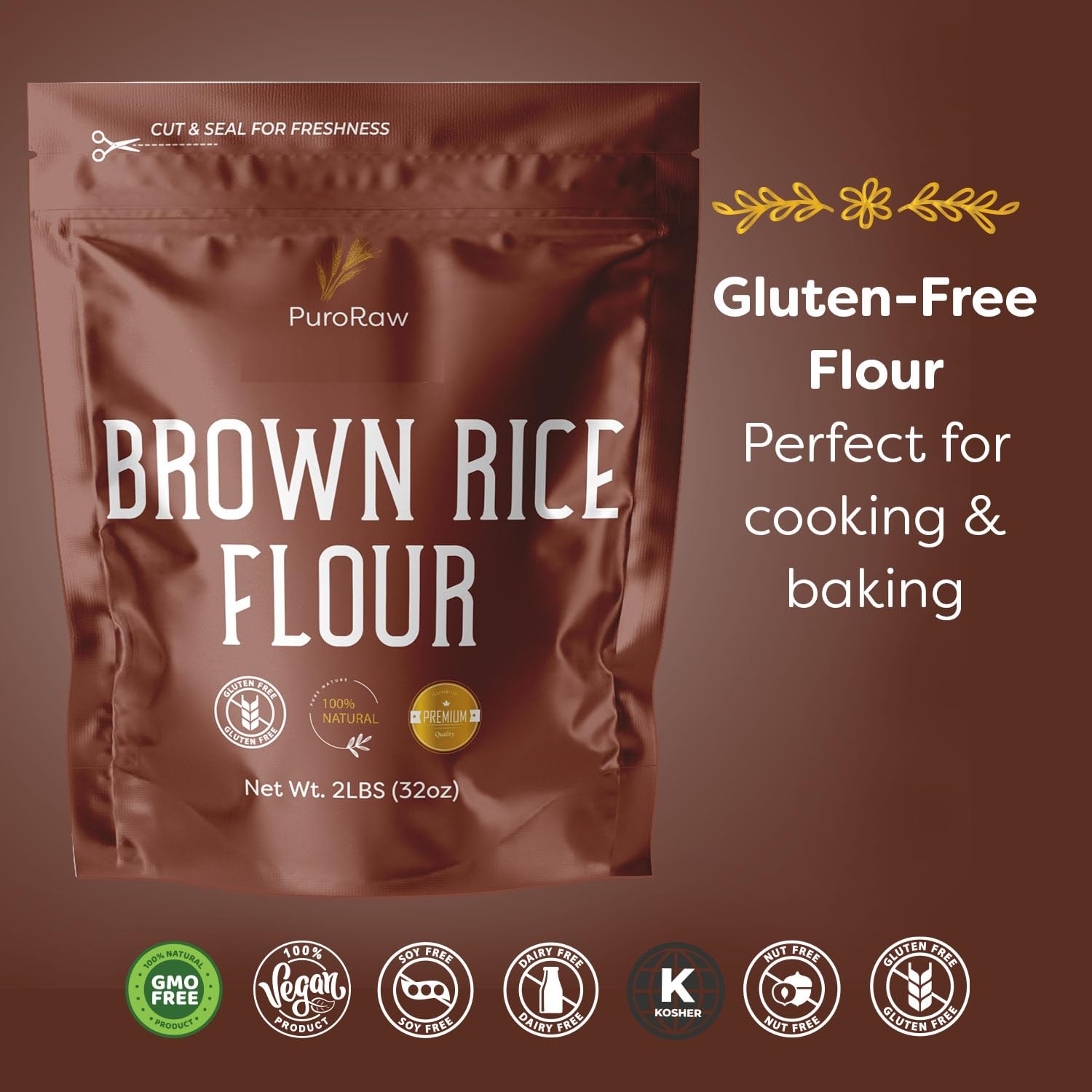 PuroRaw Brown Rice Flour, 2lb, Premium Brown Rice Flour Gluten Free, Rice Flour for Baking, Fine Brown Rice Flour Bulk, Superfine Rice Flour Tortillas,Natural, Non-GMO, Batch Tested, 2 Pound