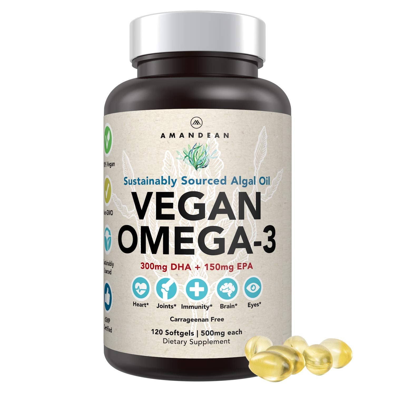 Amandean Vegan Omega 3 Supplement. Premium Fish Oil Alternative! Algae DHA & EPA. 120 Carrageenan Free Softgels. Algal Essential Fatty Acids. Plant Based Heart, Skin, Brain, Eye, Immune Support.