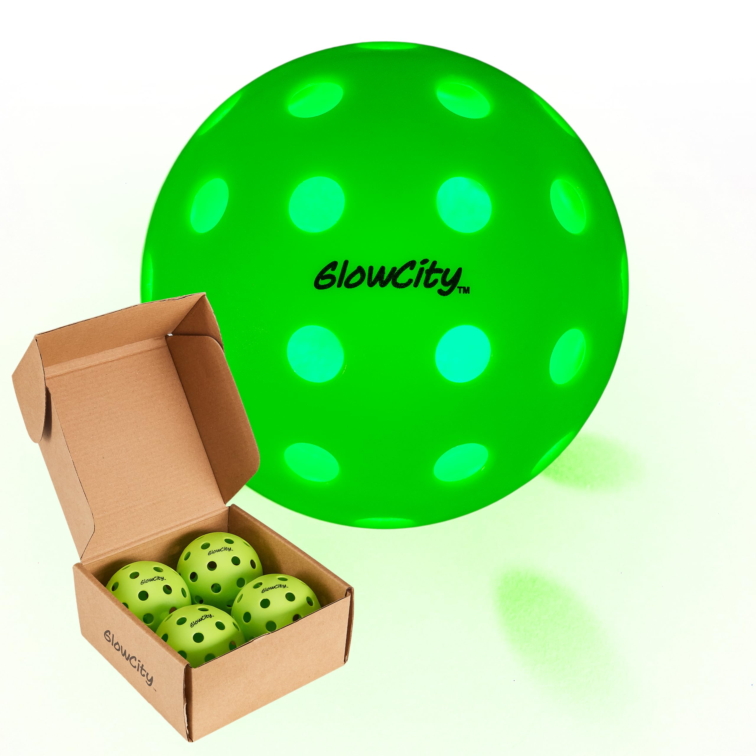 GlowCity Set of 4 LED Pickleball Set: Illuminate Your Game with Dazzling Glow in The Dark Pickleballs- Great for Night Time Play