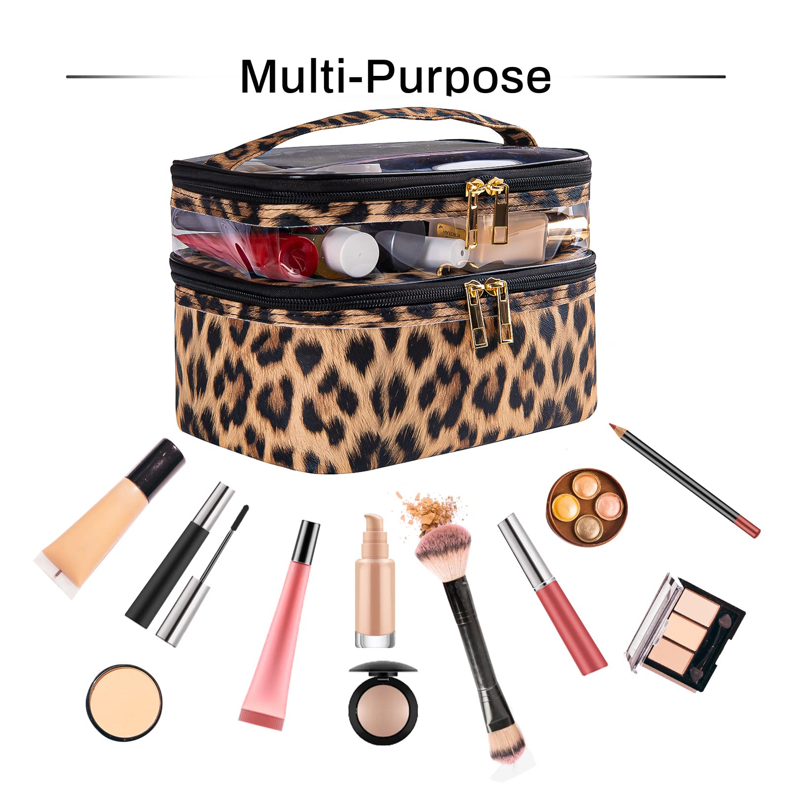 imerelez Double-layer Cosmetic Bag Makeup Bag Travel Makeup Bag Makeup Bags for Women Cosmetics Cases Portable Waterproof Foldable (Leopard)