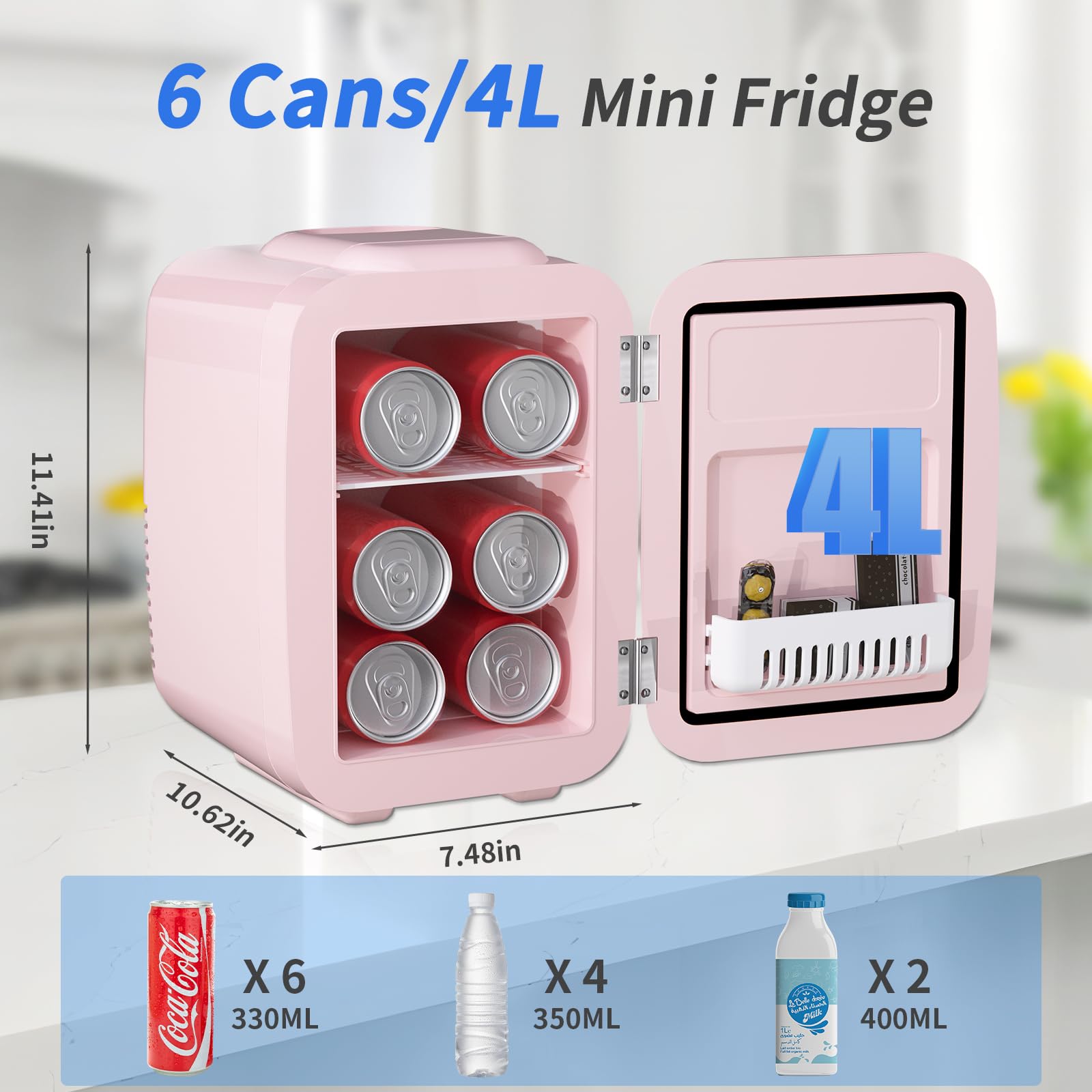 YASHE Mini Fridge, 4 Liter/6 Cans Small Refrigerator for Skincare, 110V AC/ 12V DC Thermoelectric Cooler and Warmer for Drink Office Dorm Bedroom Car, Pink