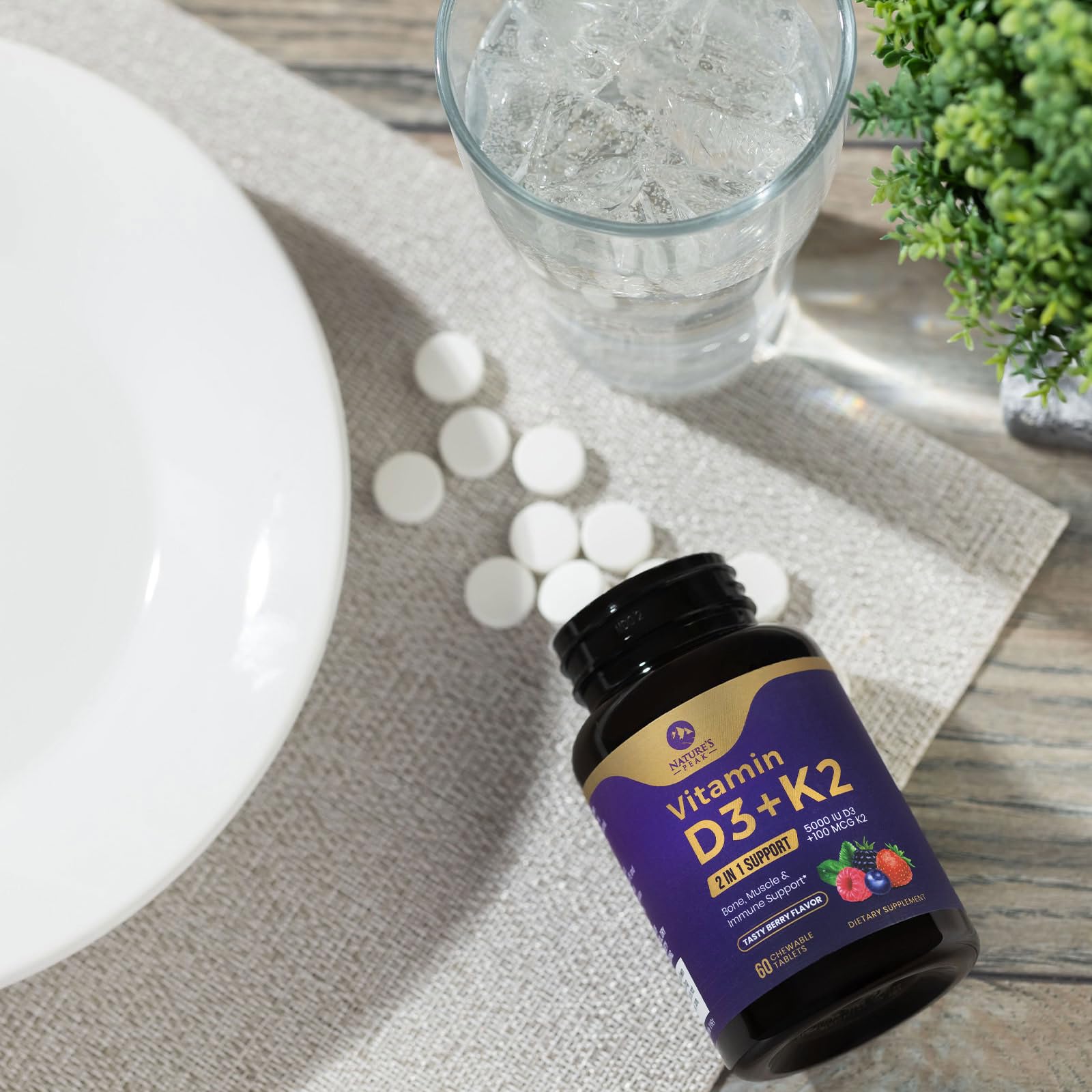 Vitamin D3 K2 - 5000 iu Vitamin D3 & 100 mcg Vitamin K2 (MK-7) Complex for Immune Support - Bone, Teeth & Muscle Health Support - Berry Chewable, Gluten Free, Non-GMO, Bottled in USA - 60 Tablets