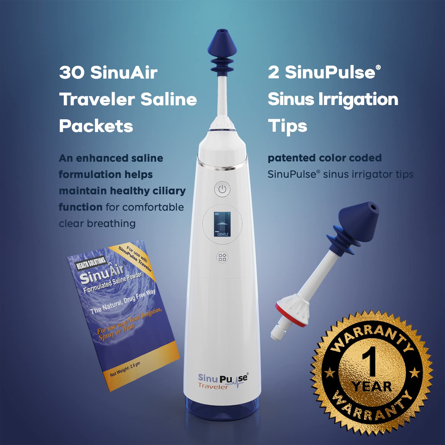 SinuPulse Traveler with 30 Sinuair Packets - Cordless Pulsating Nasal Irrigation Sinus Rinse System, Space Saving Cleaner & Relief Machine for Travel, More Effective than Neti Pot or Nose Spray Bottle