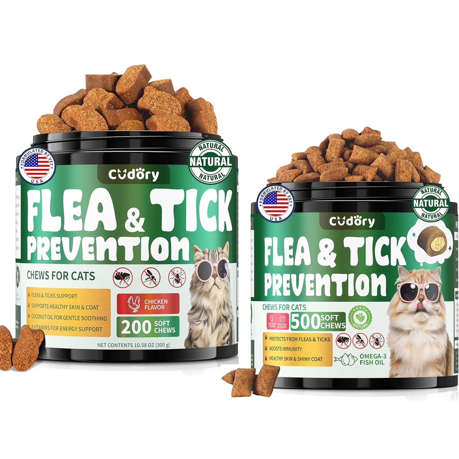 Flea and Tick Chews for Cats - Natural Flea Tick Support for Cat All Breeds & Ages - Nourishes Skin & Coat Health - Energy Support