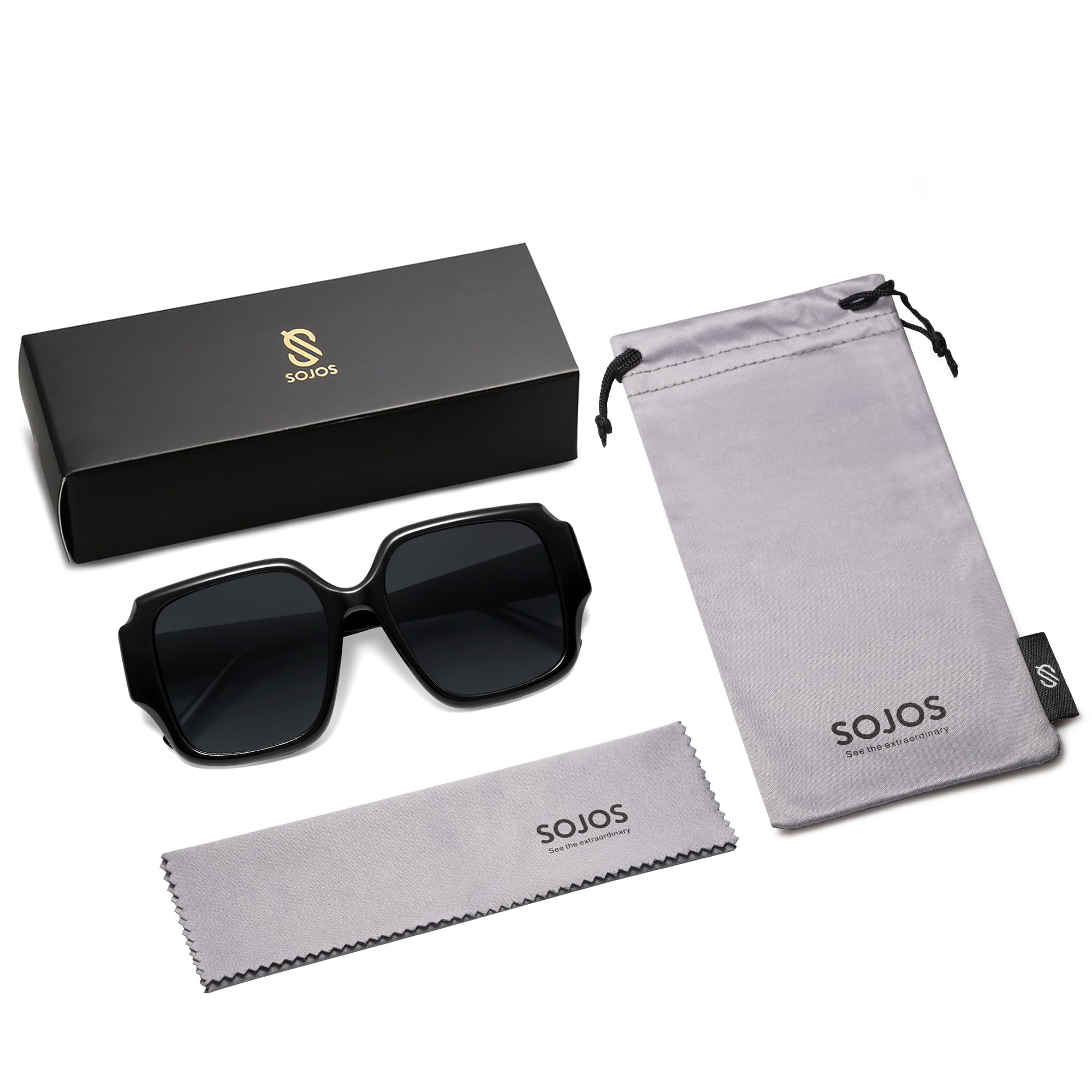 SOJOS Big Retro Square Polarized Sunglasses Womens Mens 70s 80s Vintage Oversized Sunnies SJ2359, Black/Grey