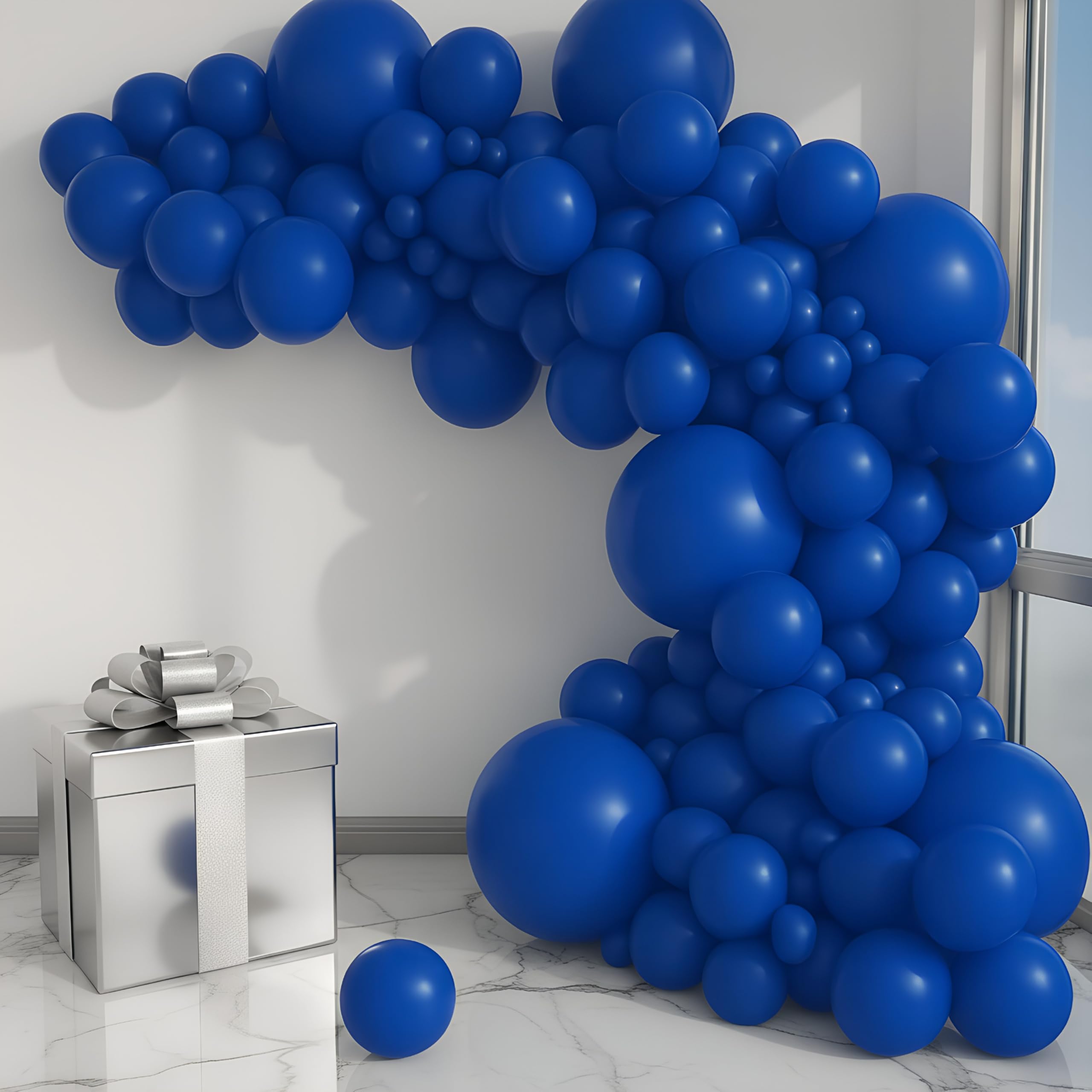 Balloon Garland Arch Kit – 146 Pcs Ultramarine Blue Balloons & Baby Shower Boxes with Letters – White Boxes with Blue, Silver & White Balloons