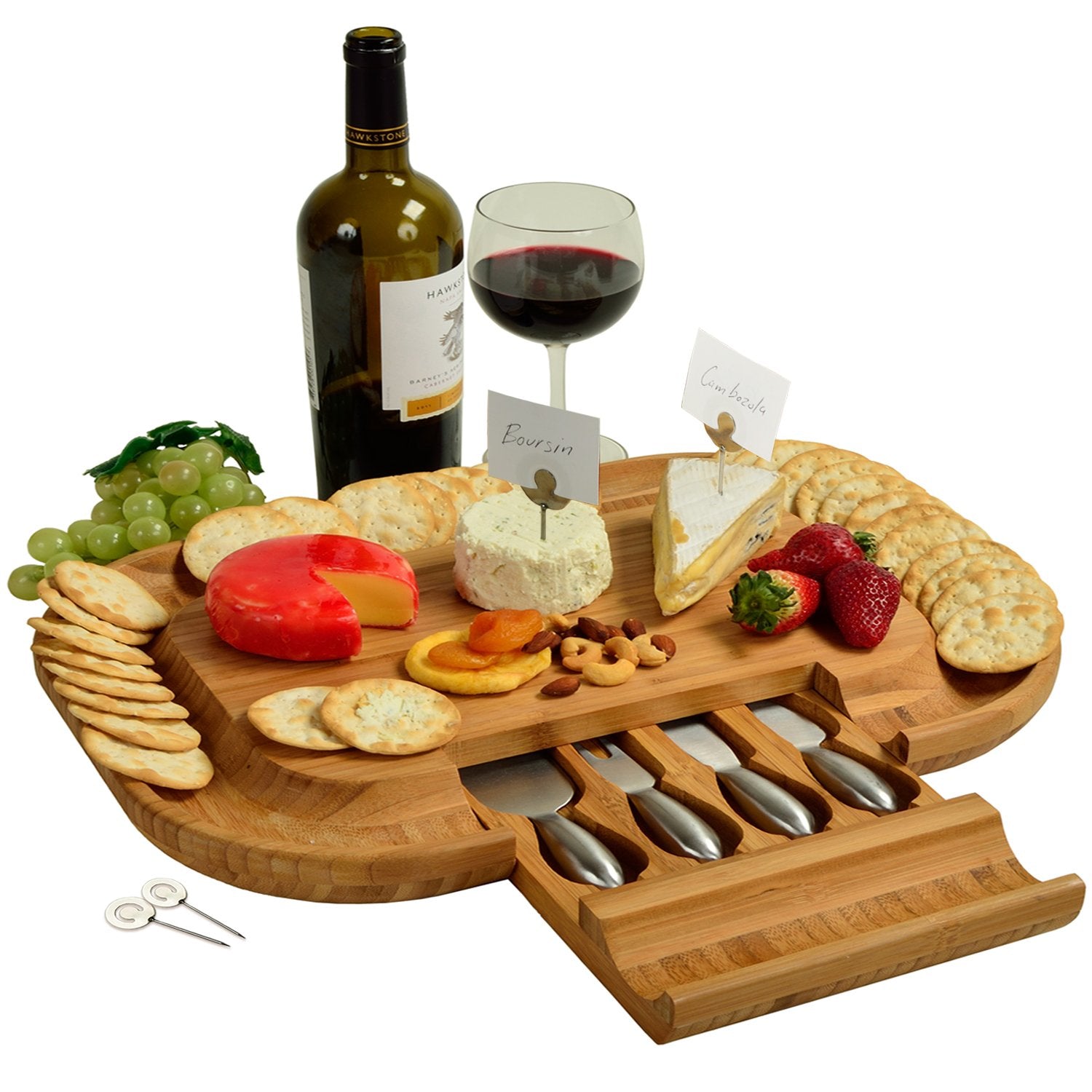 Picnic at Ascot Bamboo Cutting Board for Cheese & Charcuterie with Knife Set & Cheese Markers- Designed & Quality Checked in the USA