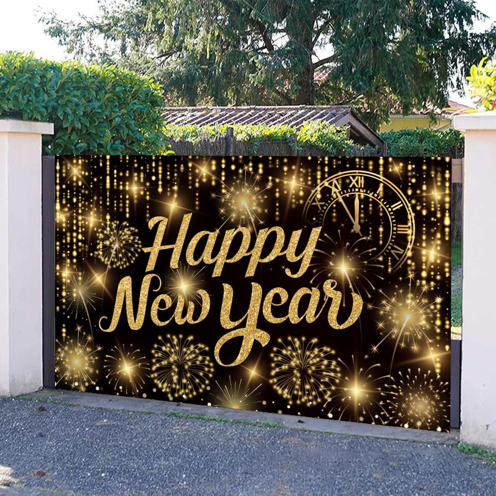 IMISHM 2025 New Years Decorations Black Gold New Years Banner with Firework Pattern New Years Eve Party Decorations New Years Backdrop for New Years Party Decorations