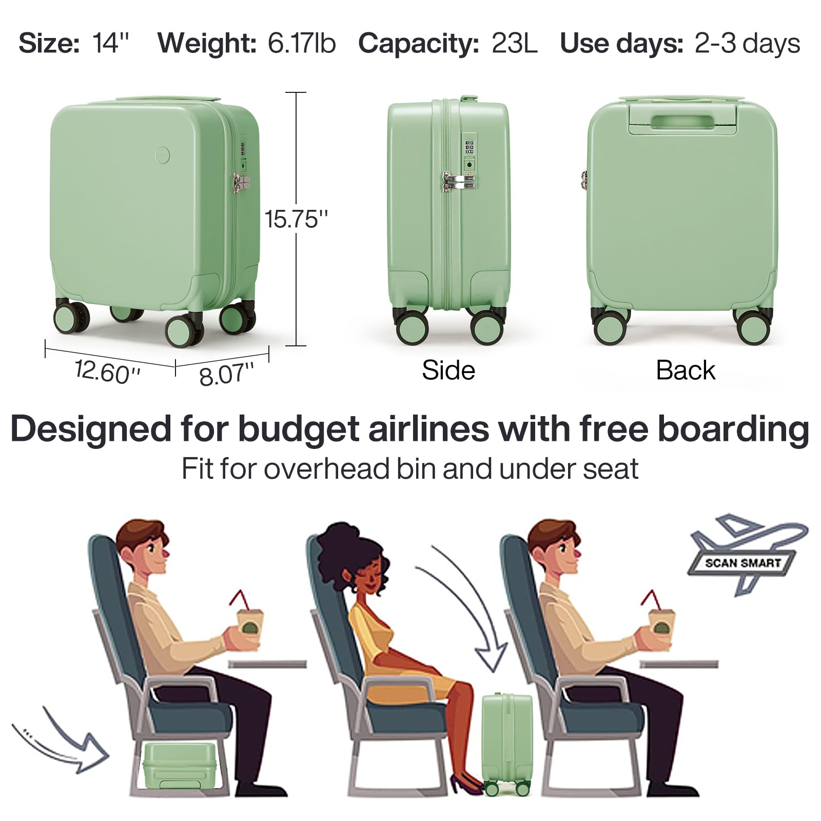 mixi 14 Inch Underseat Luggage Carry on Suitcase Free Boarding Personal Item Suitcases with Spinner Wheels Hardshell Lightweight PC for Short Travel, Avocado Green