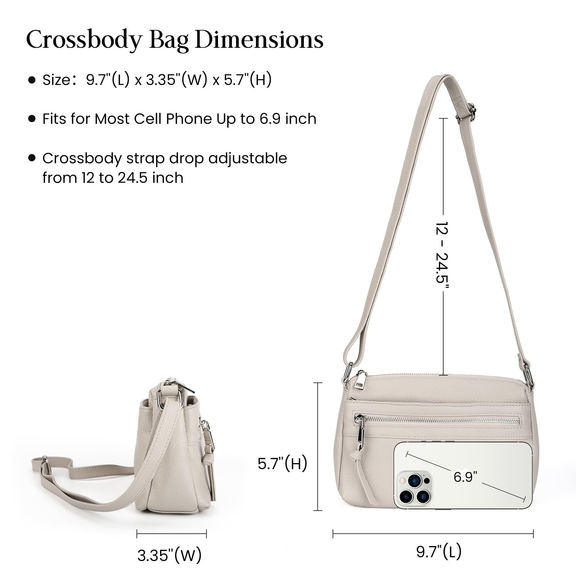 befen Genuine Leather Small Crossbody Bags for Women Ladies Triple Zip Shoulder Purses Bag Cell Phone Leather Handbag with RFID Card Slots Beige Grey