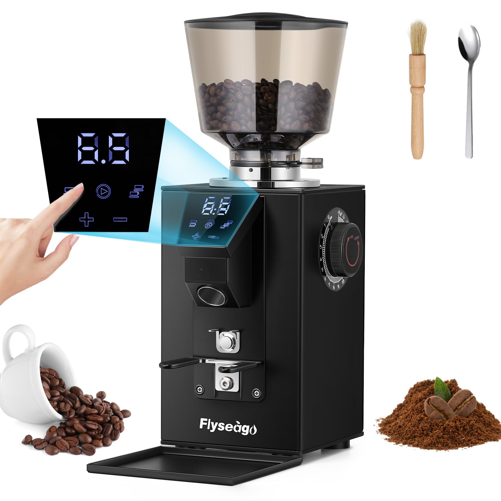 Flyseago Commercial Coffee Grinder Electric 400w Flat Burr Coffee Bean Grinder with 18 Precise Settings Touch Control Espresso Machine with Large Capacity Hopper, Coffee Grounds Tray, Black Square