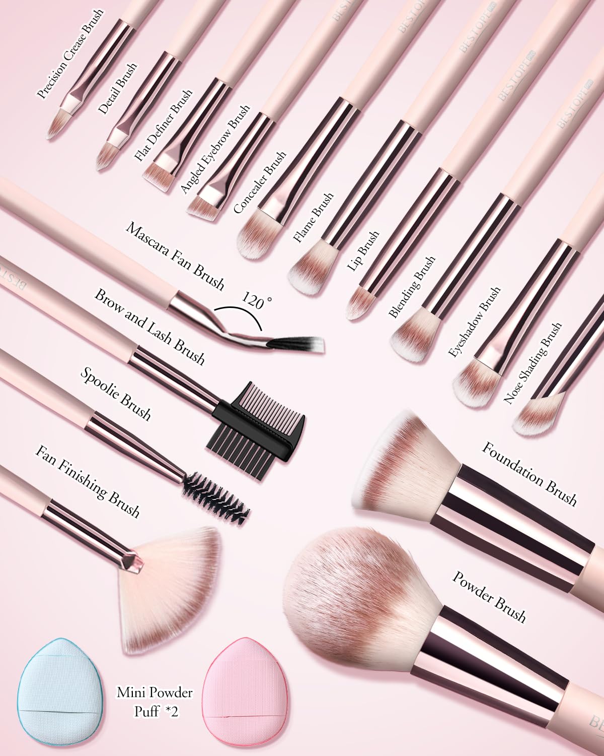 Makeup Brushes with Case, 20PCs Travel Makeup Brush Set, Foundation Concealer Blush Eyeshadow Brush Set Contour Powder Eyebrow Eyelash Brush Kit with Led Light Mirror Holder & 2 Powder Puff-Pink