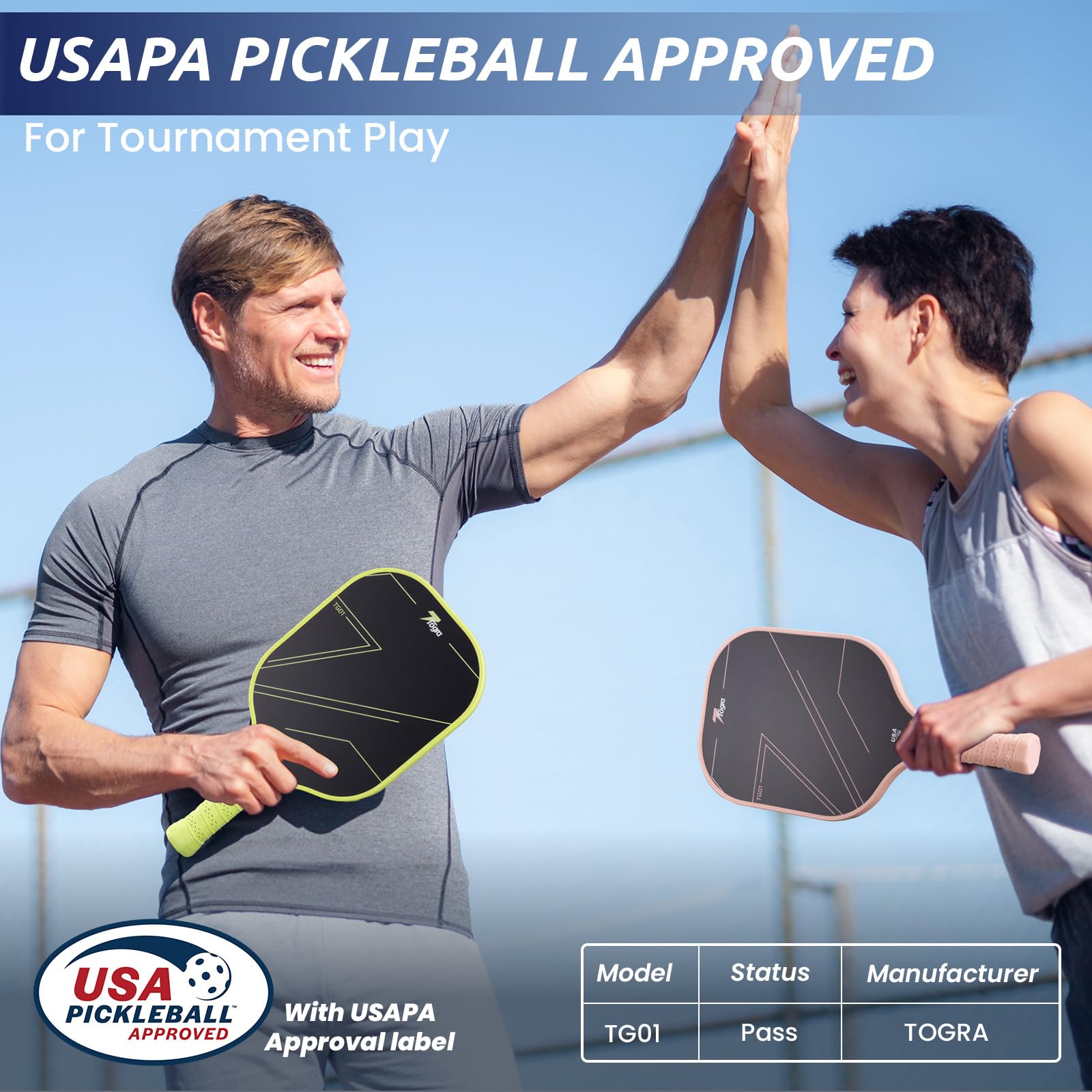 TOGRA Pickleball Paddles, USAPA Approved Carbon Fiber Pickleball Paddles Set of 2, Lightweight Graphite Pickleball Rackets with 4 Pickleball Balls, 1 Pickleball Bag, Pickle Ball Paddle for Men Women