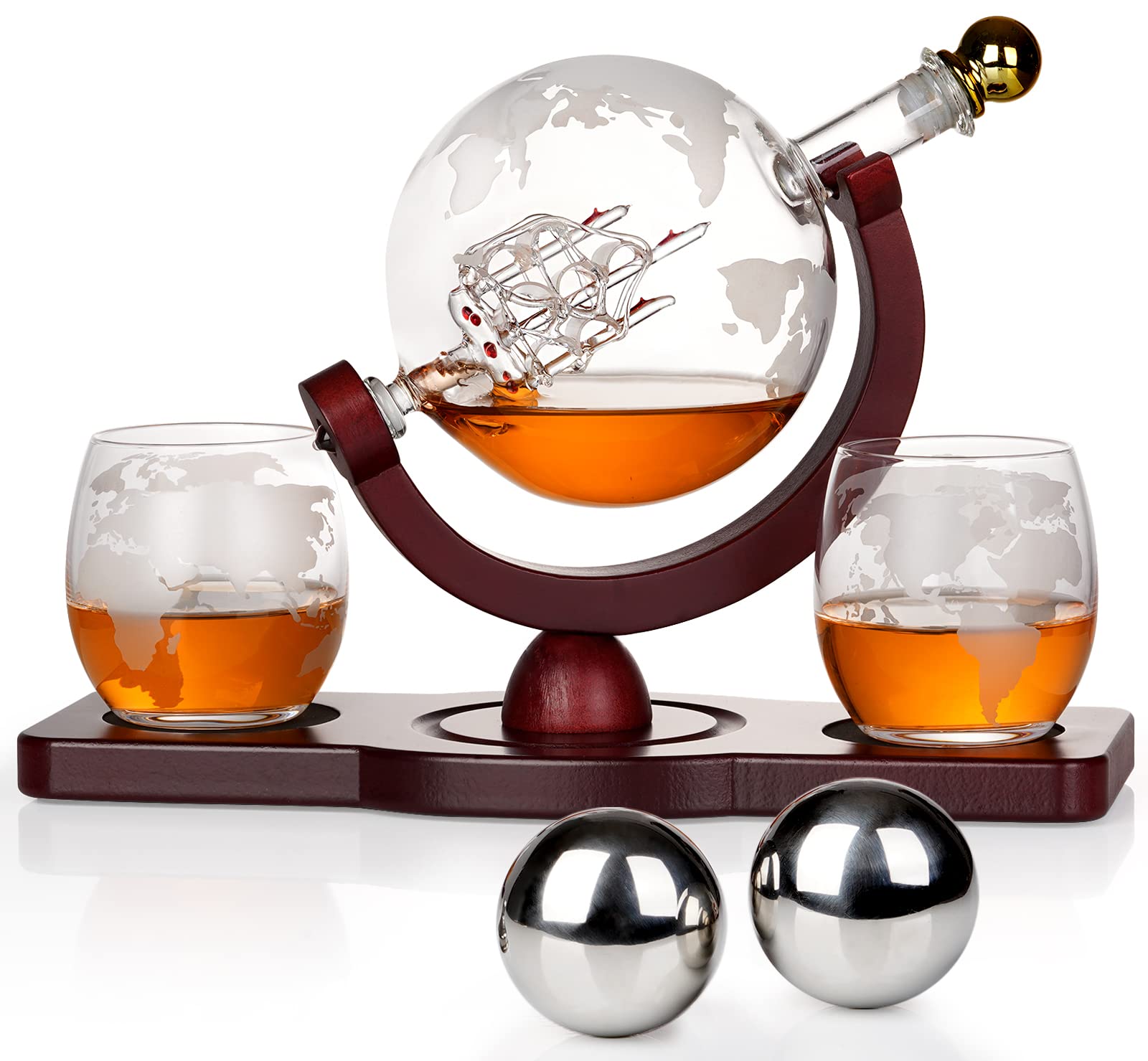 Gifts for Men Dad Christmas, PONPUR Whiskey Decanter Globe Set with 2 Ball Stones & 2 Glasses, Anniversary Birthday Gifts for Him Husband Boyfriend Brother, Cool Stuff Gift for Bourbon Scotch