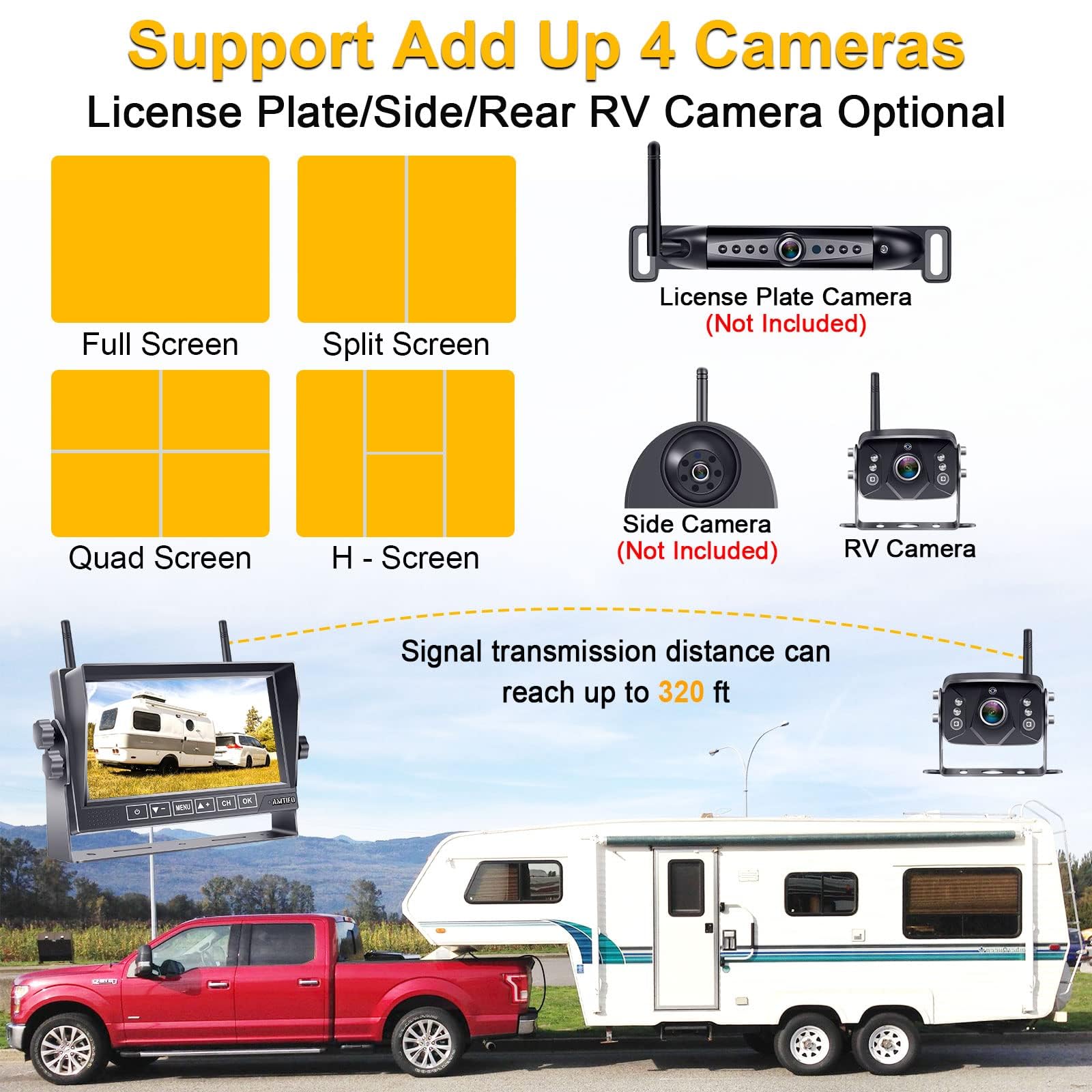 Wireless Backup Camera for Furrion RV: 7-Inch Recording Plug-Play Easy Setup Truck Trailer Back Rear View Camera Touch Button Monitor Split Screen 4 Channels AMTIFO A7