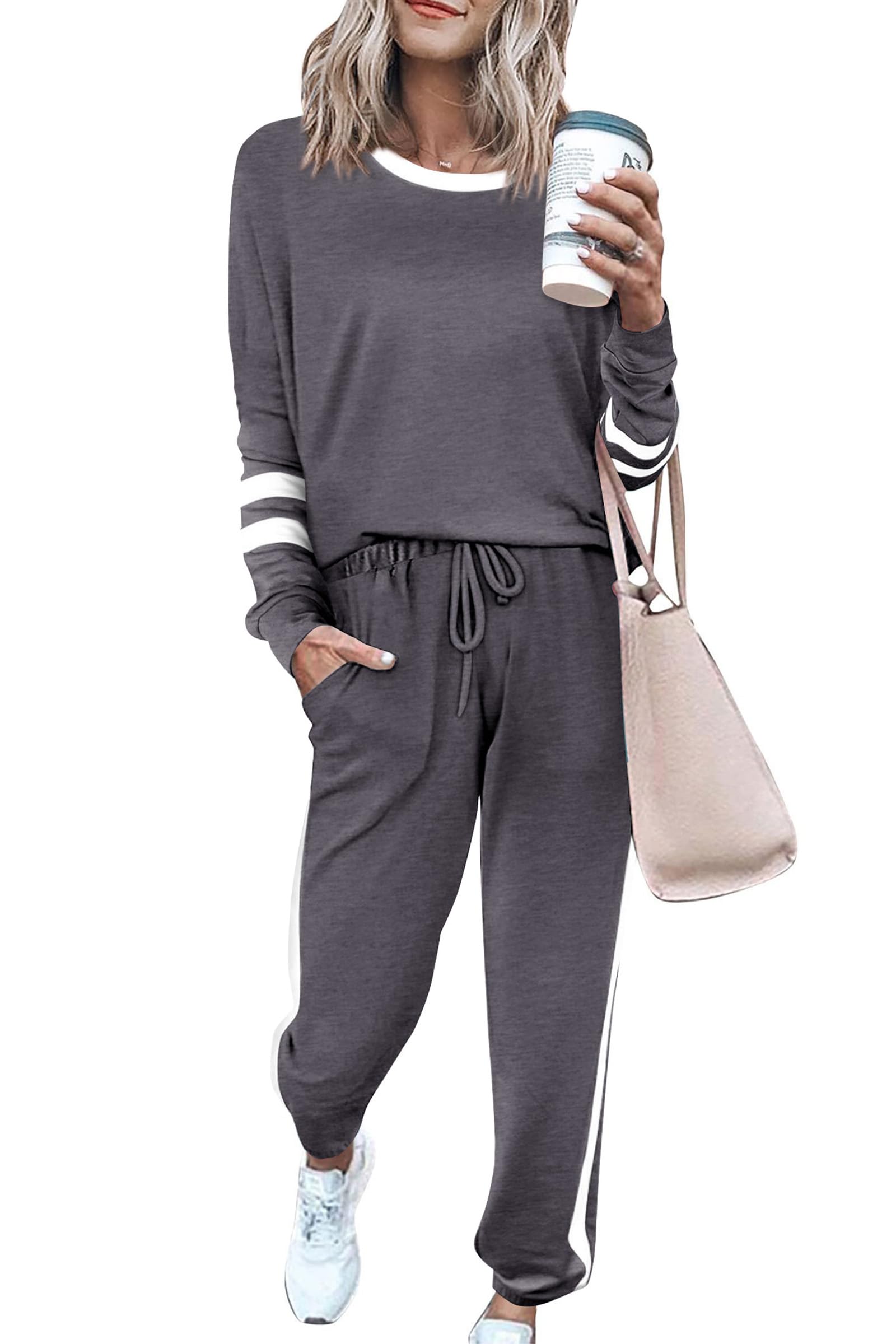 PRETTYGARDEN Women's Fall 2 Piece Lounge Outfit Long Sleeve Crewneck Pullover Tops High Waisted Pants Set Tracksuit (Striped Dark Grey,Large)