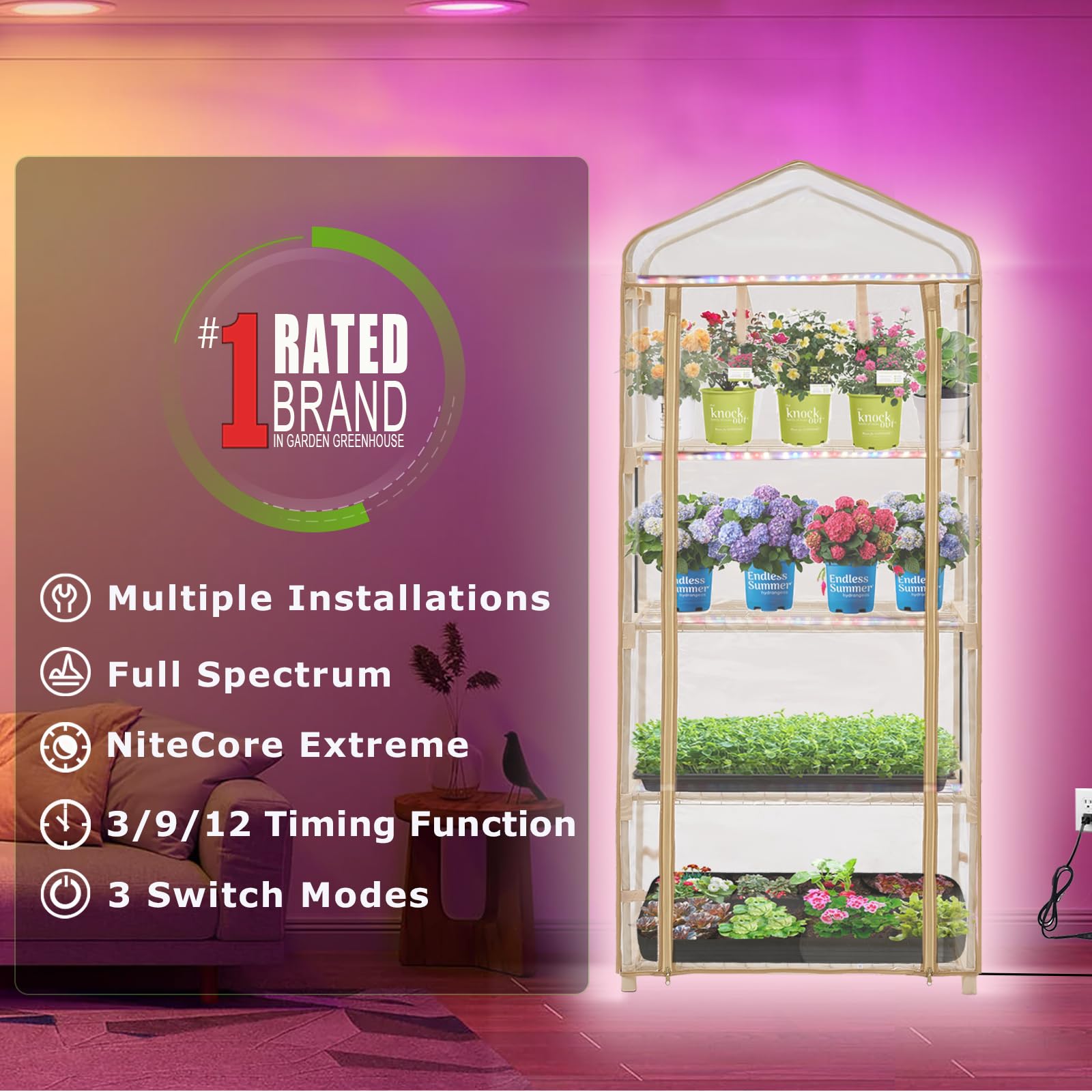 Purlyu Mini Greenhouse with Grow Light , 4 Tier 27.2" ×19.9" ×61.8" Portable Greenhouse with Zippered for Seed Starting Trays , Dimmable 2ft 60W Plant Light for Indoor Plant with Timer(PLGH704OWPT)