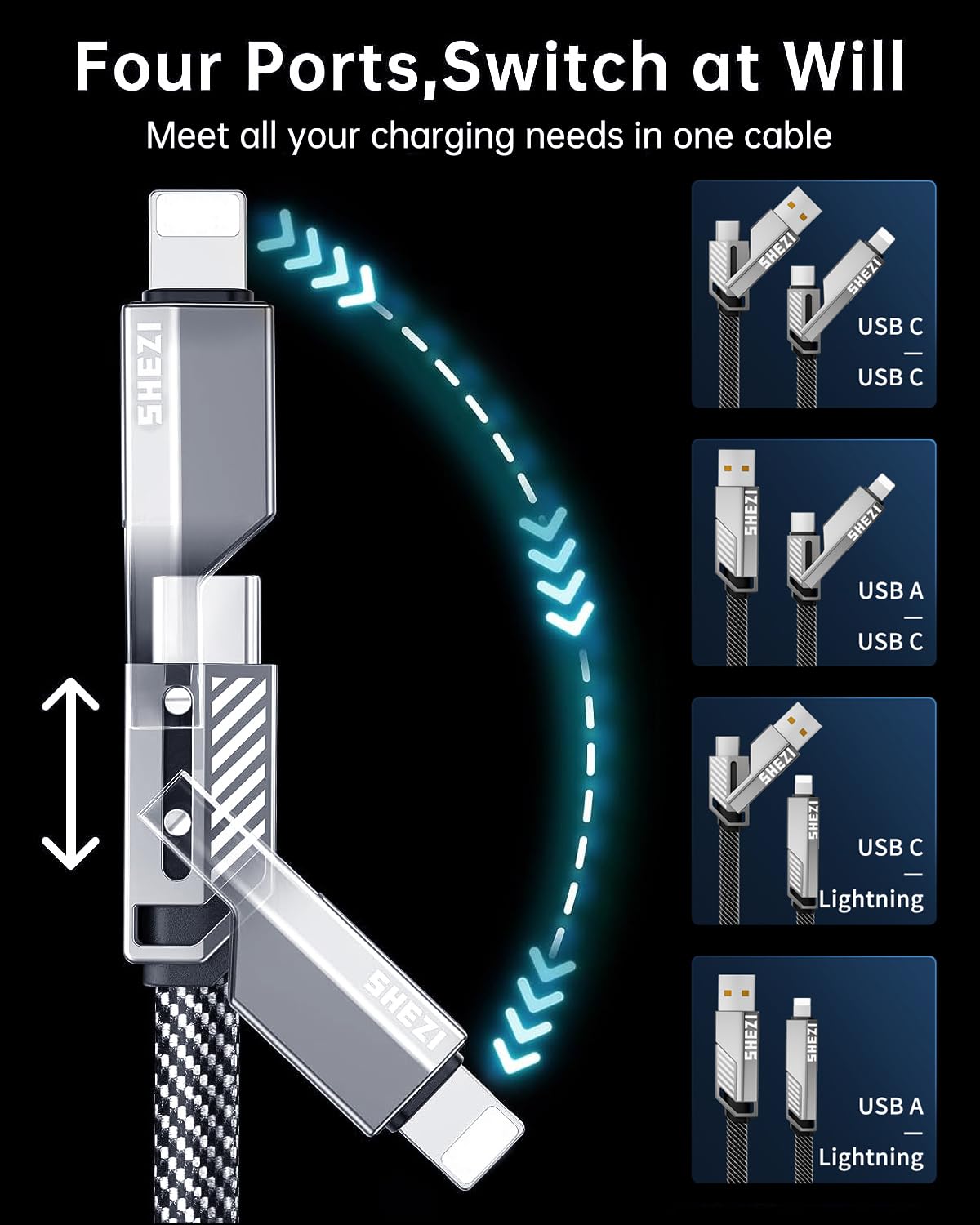 SHEZI [Upgraded 2.0] 4-in-1 USB C Cable 60W 5FT Lightning Cable Fast Charging [480Mbps Data Sync] Flat Nylon Braided Charger Cord Combo with Lightning/USB C/USB A Port for iPhone iPad & Most Devices