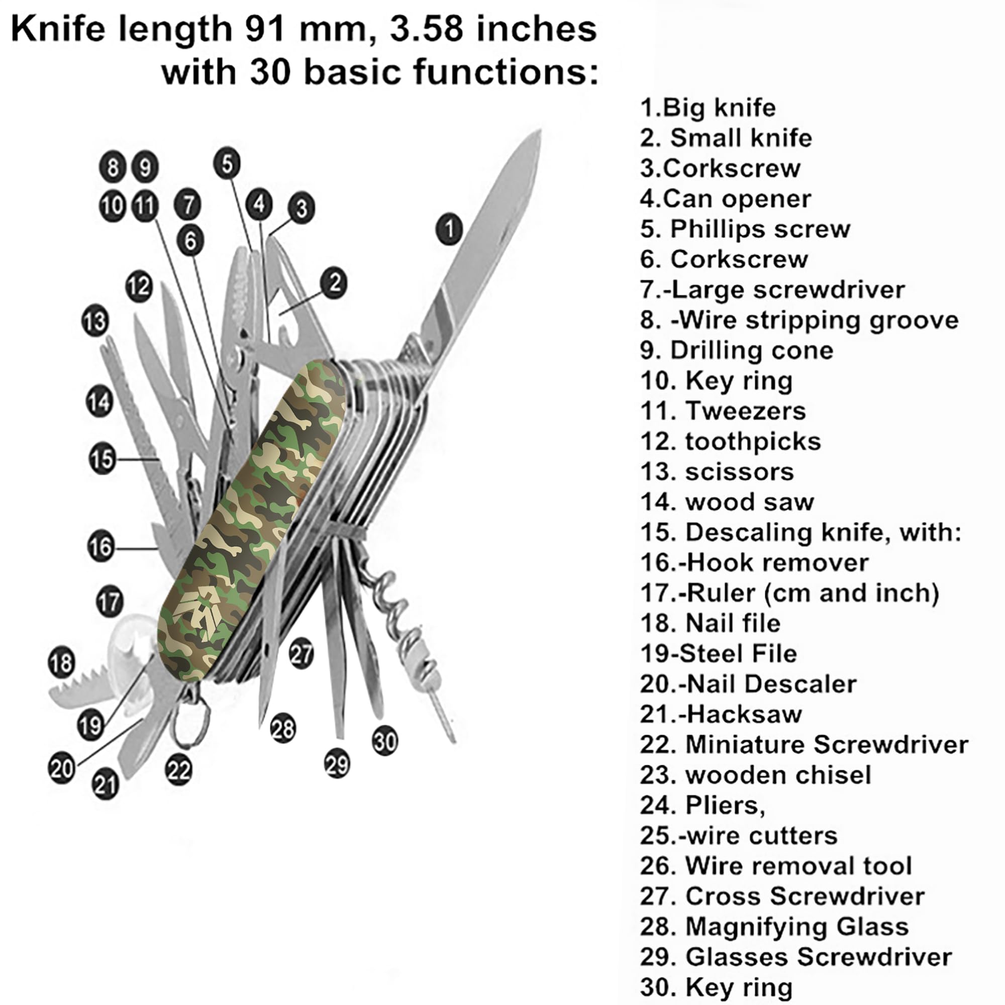 Swiss Eagle Premium Quality Classic Multi-Tool Army Knife - Packs 30 Tools Pocket knife - Multitool