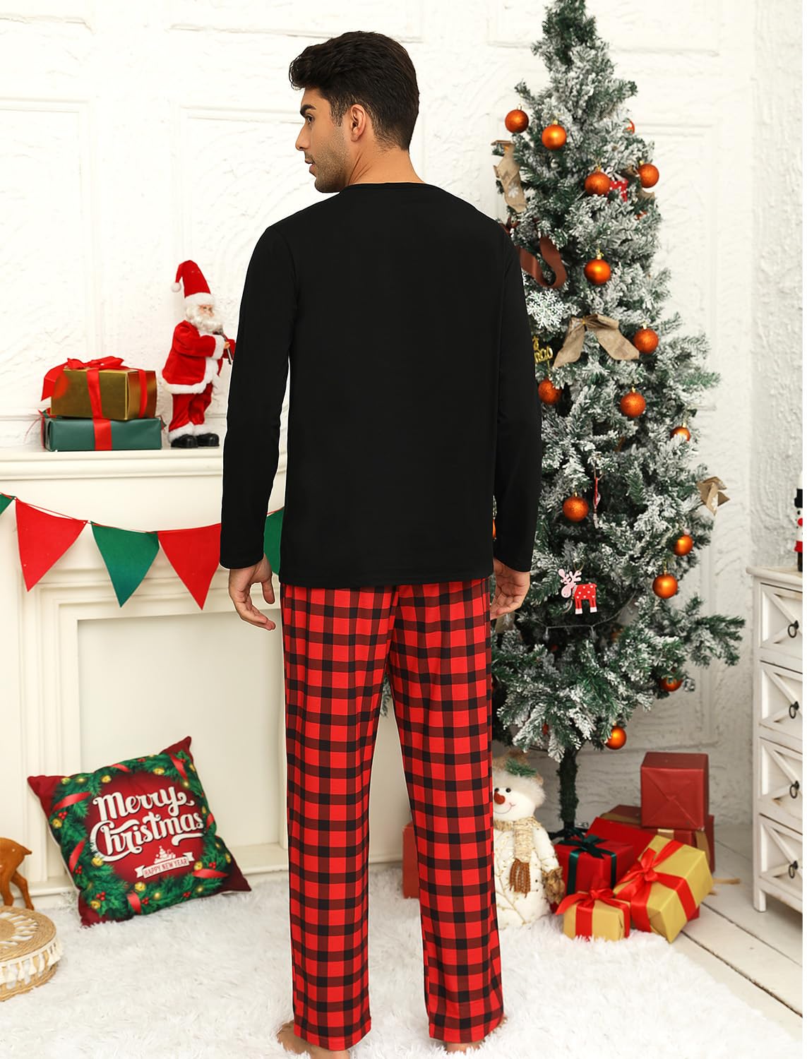 EISHOPEER Men Cotton Pajamas Set Long Sleeve Printed Sleepwear Loungewear with Pockets Black/Red Plaid X-Large