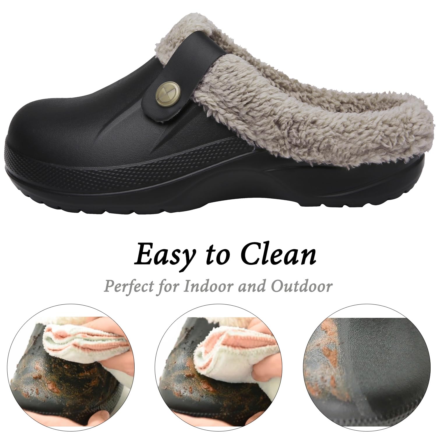 ChayChax Waterproof Slippers Women Men Fur Lined Clogs Winter Garden Shoes Warm House Slippers Indoor Outdoor Mules, Black 1, 9.5-10.5 Women/8.5-9 Men