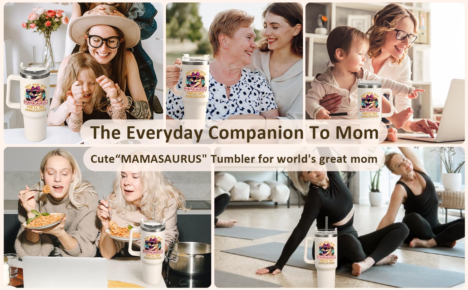 LiqCool Mothers Day Gifts - Best 40 Oz Mamasaurus Tumbler, Funny Mom Gifts from Daughter Son, Unique Mother's Day Gift Ideas for Wife Mom Mama(Cream)