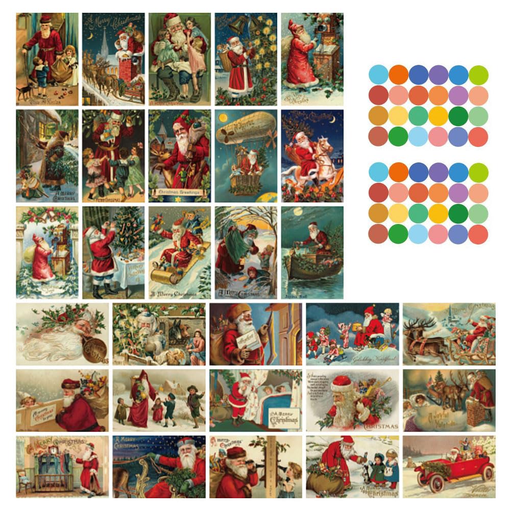 nanaxagly 30pcs Vintage Christmas Postcards with 48 Colored Dot Stickers, Santa Antique Postcard Set Merry Christmas Greeting Cards for All Occasions New Year Gift Giving