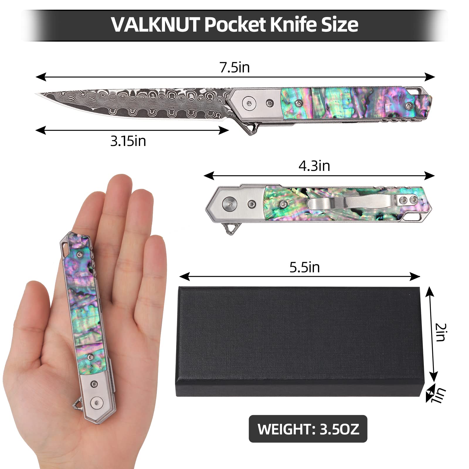 VALKNUT Damascus Folding Pocket Knife with Clip, Abalone Handle Damascus Steel Blade Knife for Men and Women, EDC Knife for Outdoor Camping, Collection and Gifts