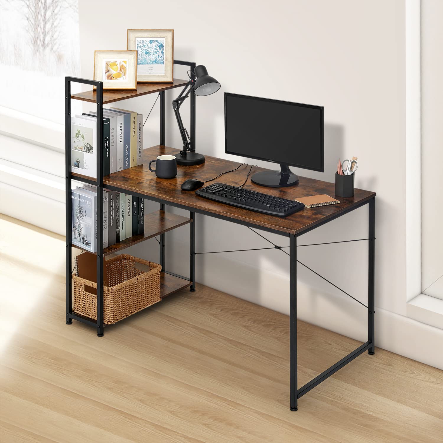 MoNiBloom Computer Desk with 4 Tier Storage Shelves, 47 Inches Home Office Study Writing Desks with Display Bookshelf, Rustic Brown