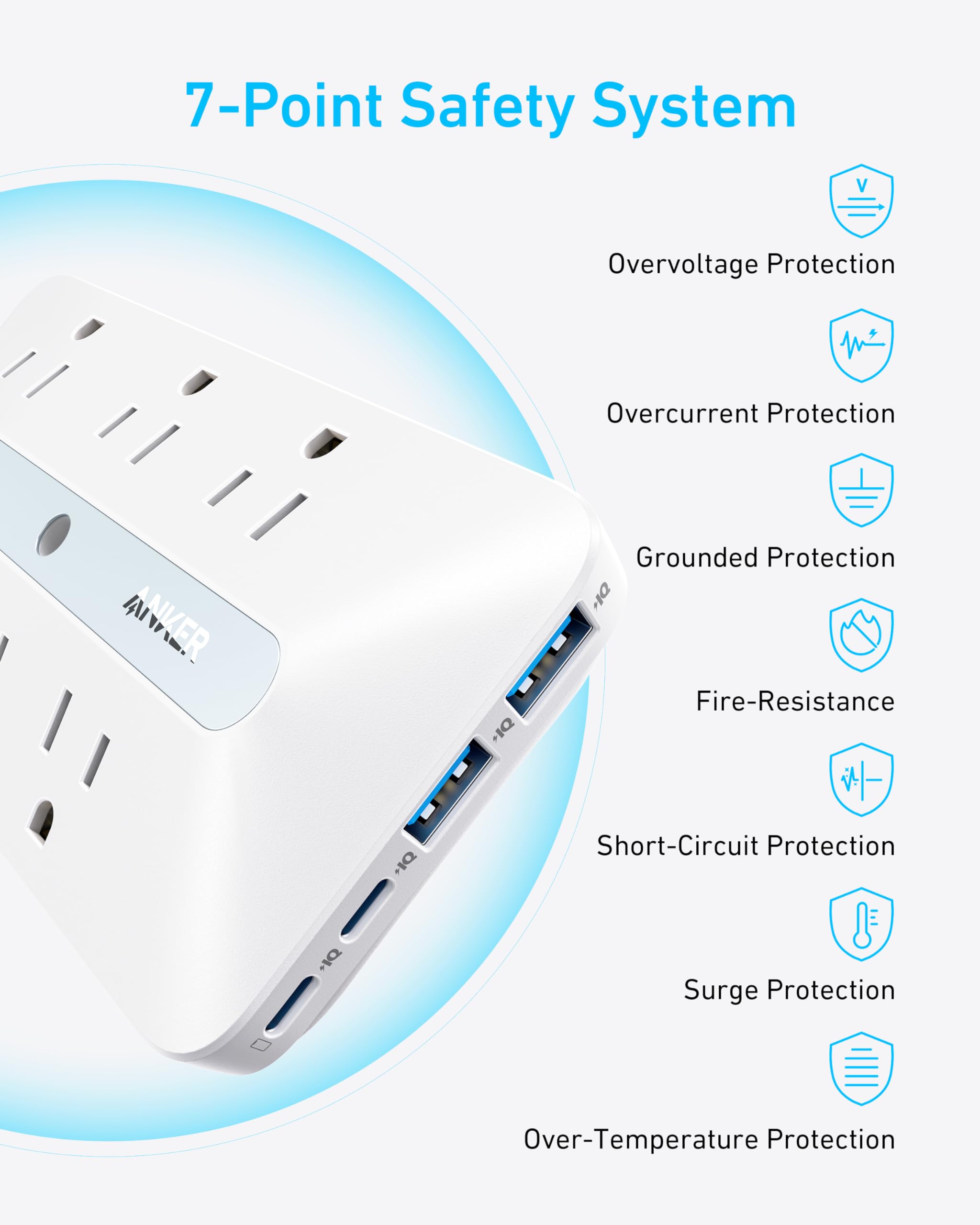 Anker Wall Charger, 300J Surge Protector, 10-in-1 Outlet Extender, 6 AC, 2 USB A, 2 USB C Ports, Wide-Spaced Outlets and 20W Fast Charging, Desk Charging Station, Home Office, Dorm, Room Essential, White