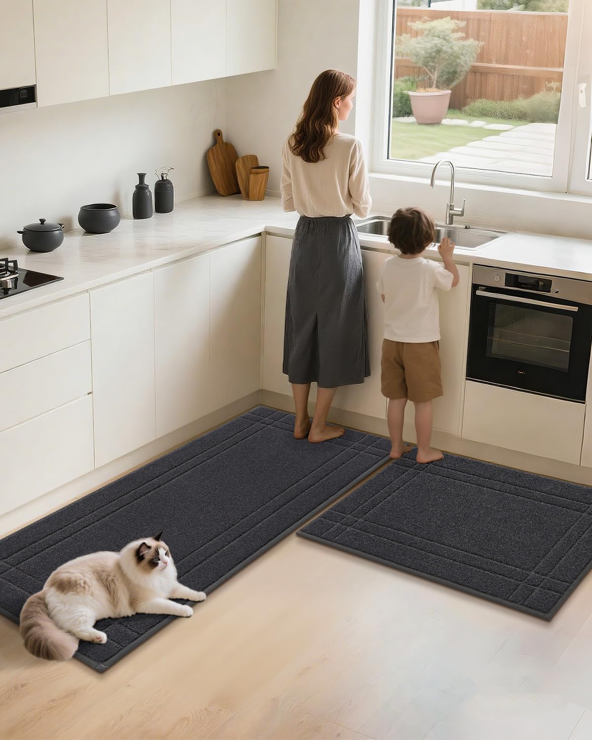 JSEI Kitchen Mats for Floor, Non-Slip Kitchen Rugs, Soft Washable Absorbent Kitchen Mats 2 PCS, Kitchen Runner Rug with TPR Backing, Polyester, 24"x36"+24"x60", Dark Grey