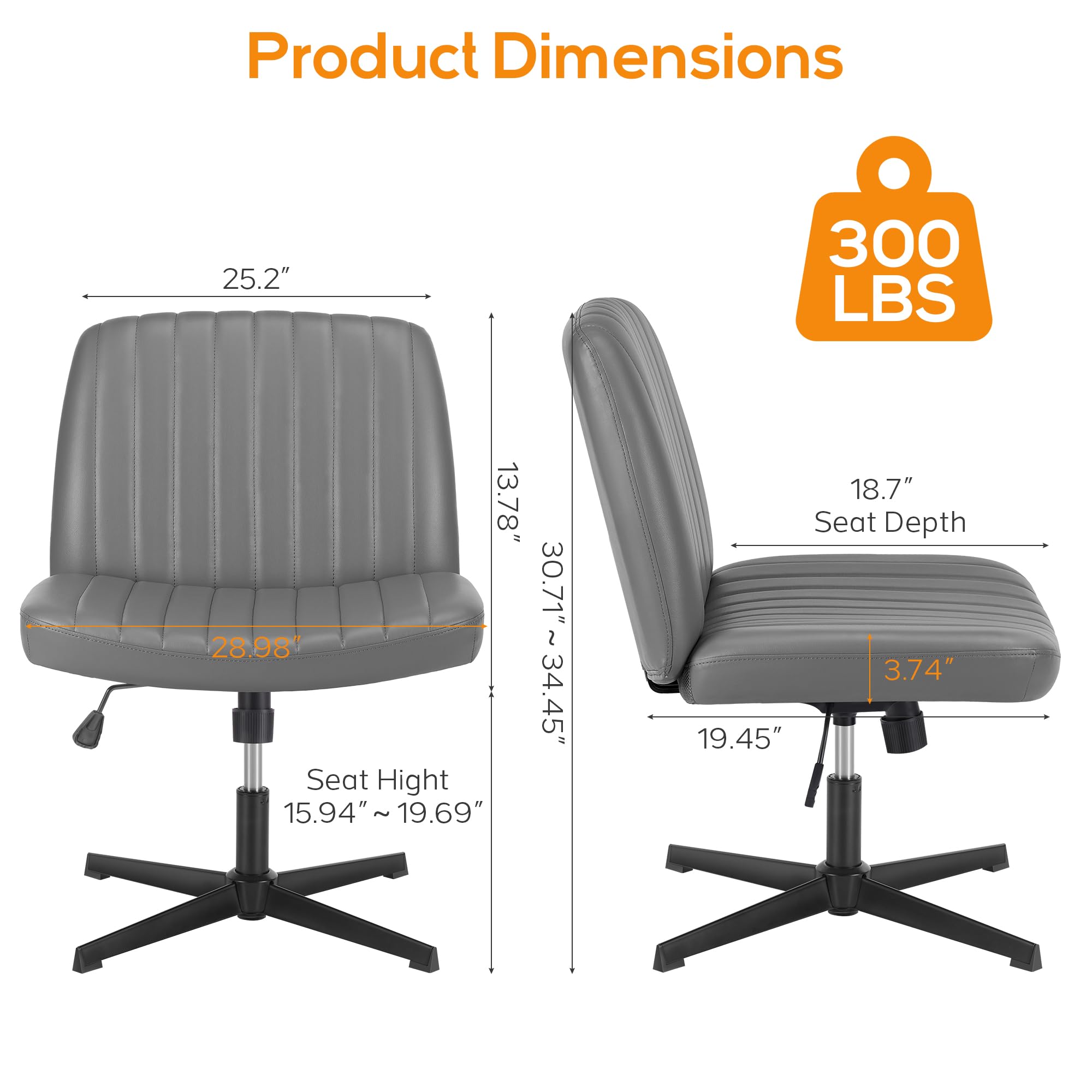 DUMOS Criss Cross Legged Office, Wide Comfty Desk, Wheels Armless Computer Task, Swivel Vanity Home Chair, Height Adjustable, Roman Silver